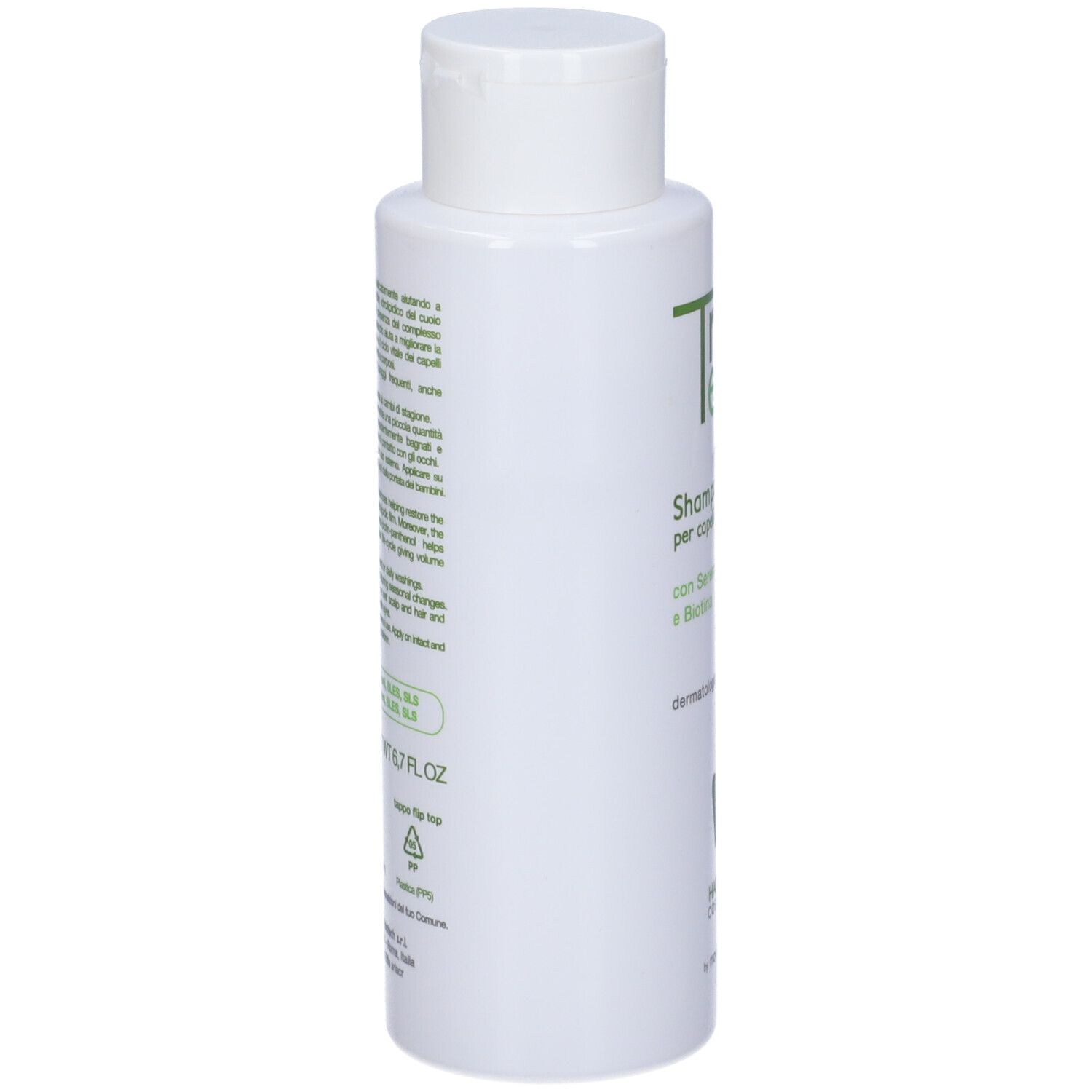 Flacone bianco con tappo a ribalta. Contiene shampoo. Testo: Shampoo per capelli fragili. Con Serenoa repens e Biotina.
