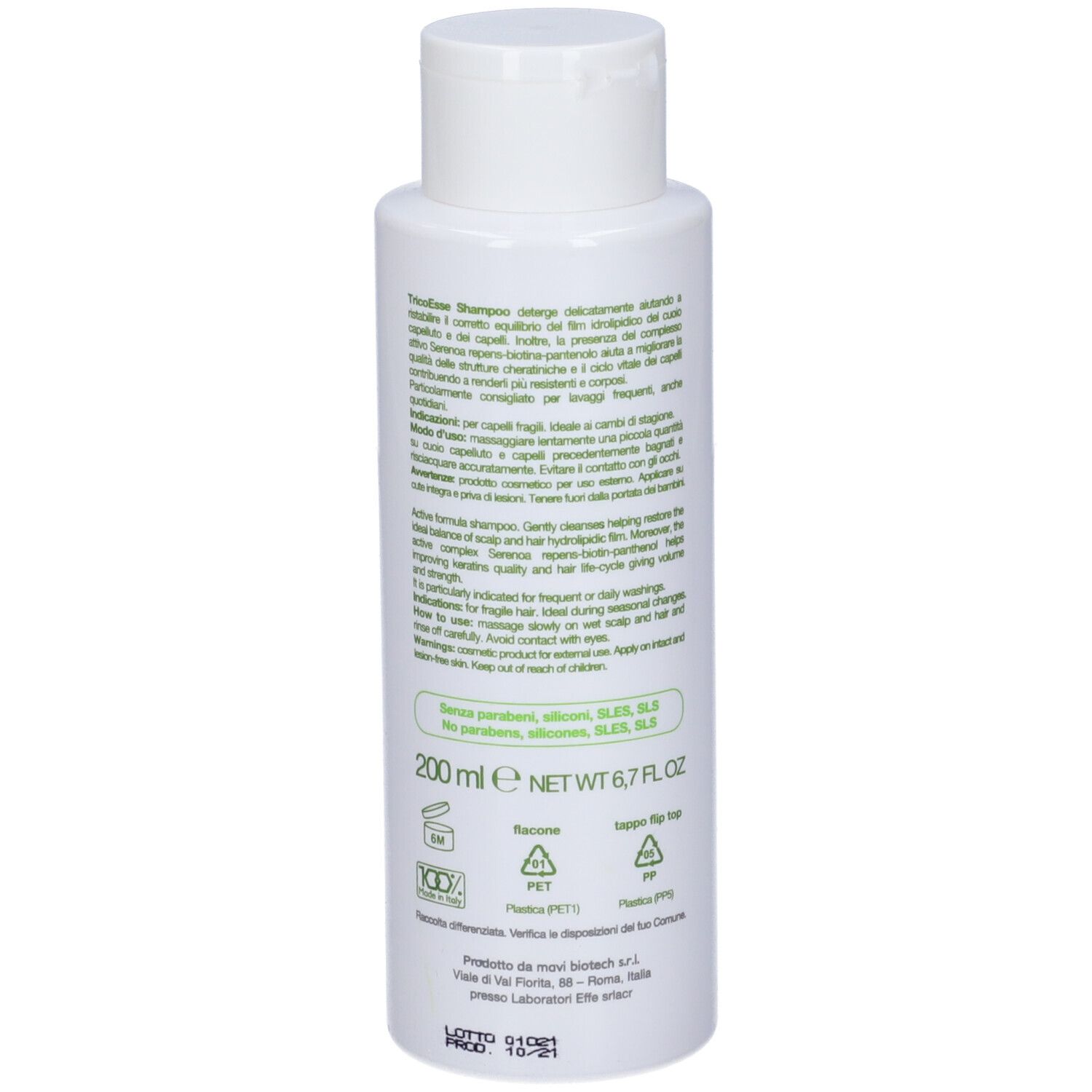 Flacone bianco con tappo a ribalta. Retro con testo e informazioni. Contiene shampoo. 200 ml, 6,7 FL.OZ.