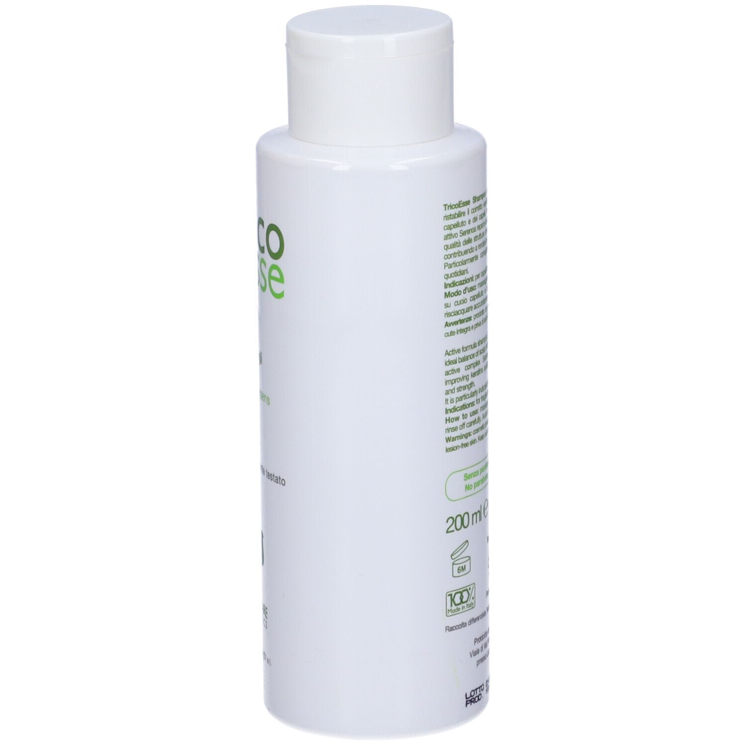 Flacone bianco con tappo a ribalta. Contiene shampoo. Testo: Shampoo per capelli fragili. Con Serenoa repens e Biotina.