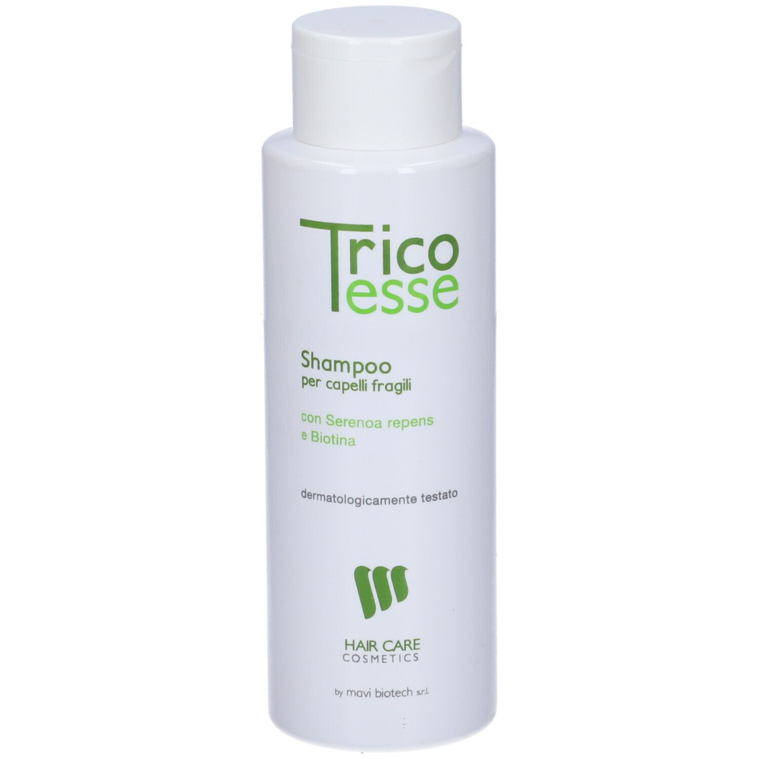 Flacone bianco con tappo a ribalta. Contiene shampoo. Testo: Shampoo per capelli fragili. Con Serenoa repens e Biotina.