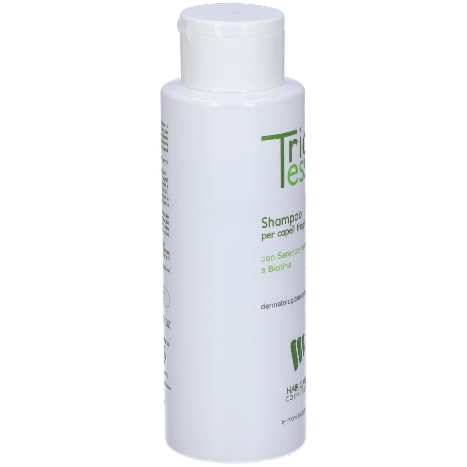 Flacone bianco con tappo a ribalta. Contiene shampoo. Testo: Shampoo per capelli fragili. Con Serenoa repens e Biotina.