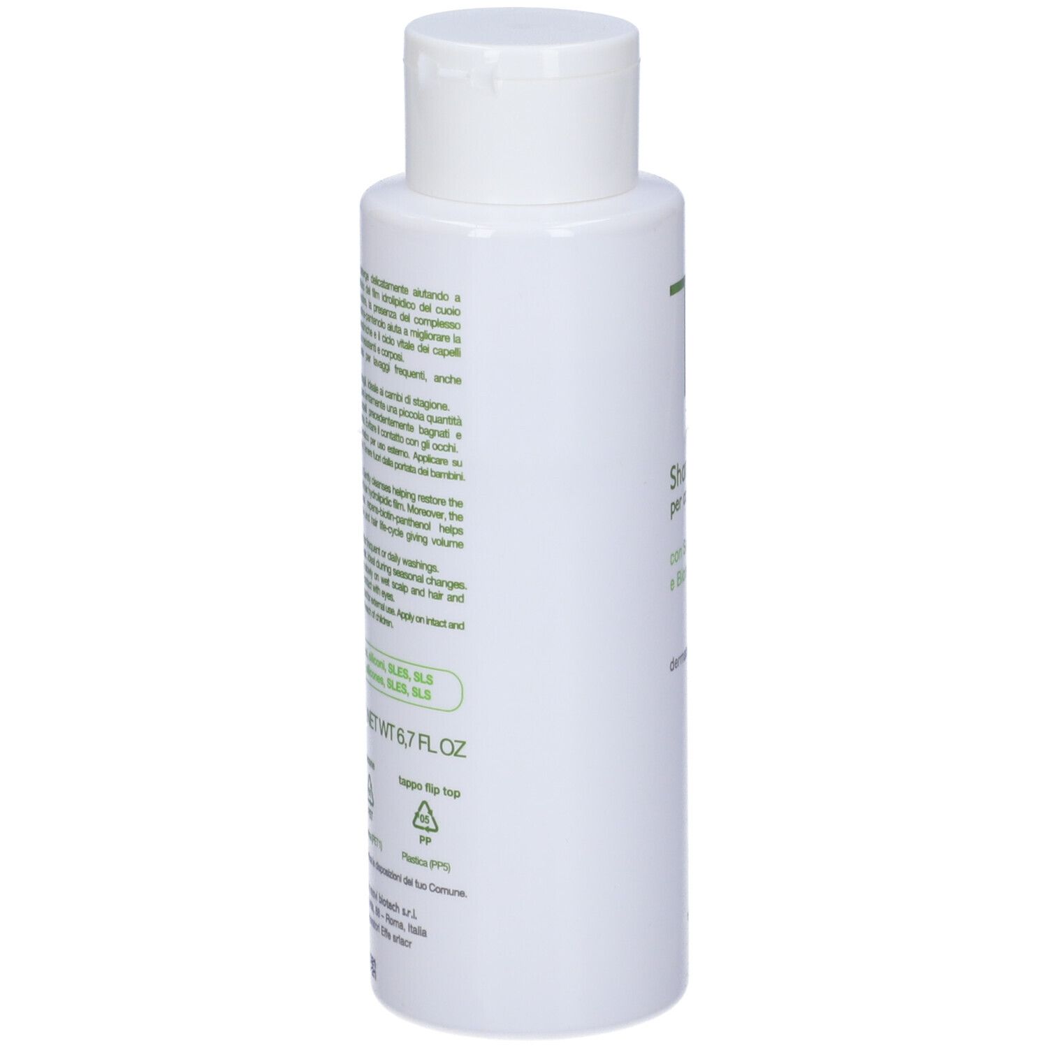 Flacone bianco con tappo a ribalta. Retro con testo e informazioni. Contiene shampoo. 200 ml, 6,7 FL.OZ.