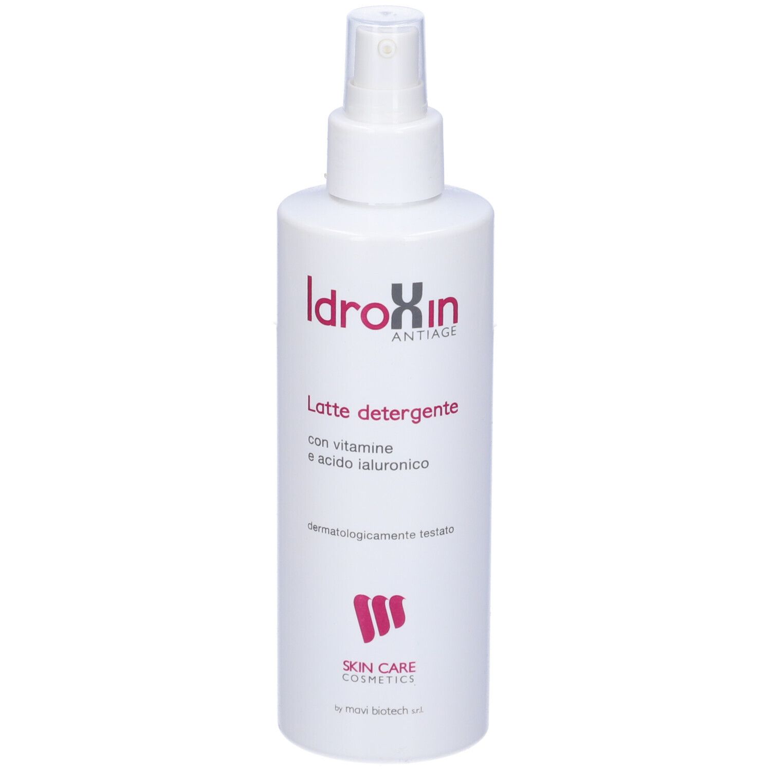 Flacone bianco con vaporizzatore. Scritta: Idroxin Antiage, Latte detergente, con vitamine e acido ialuronico. Skin Care Cosmetics.