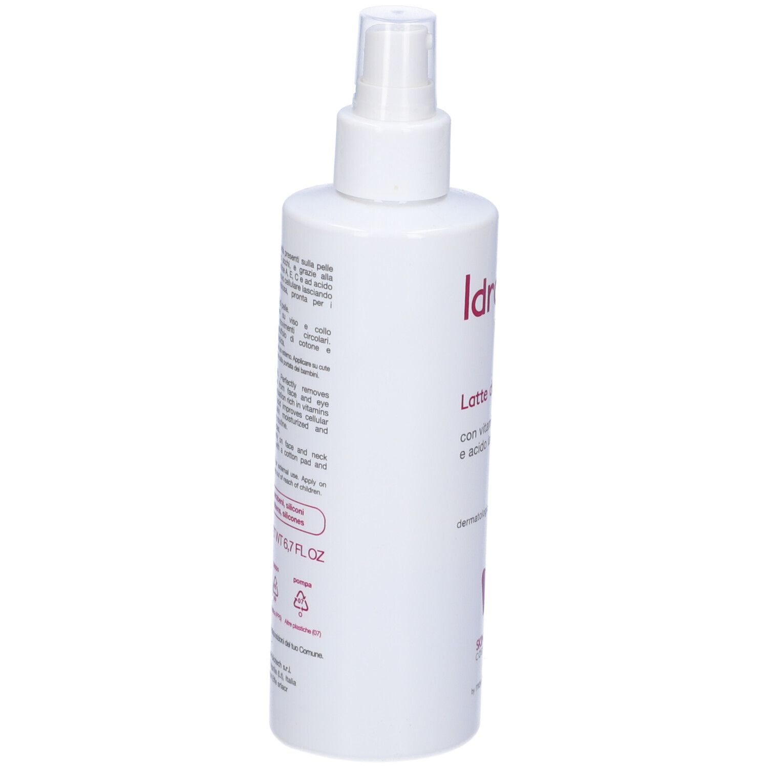 Flacone bianco, vista laterale. Scritta: Idroxin Antiage, Latte detergente, con vitamine e acido ialuronico. Testo e simboli.