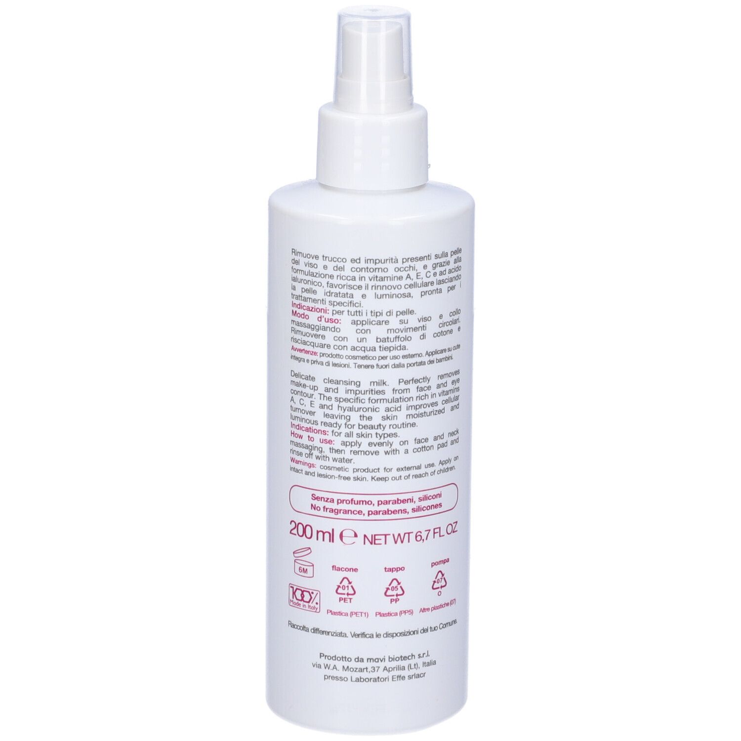 Flacone bianco, retro. Testo in italiano e inglese. Scritta: 200 ml, senza profumo, parabeni, siliconi.