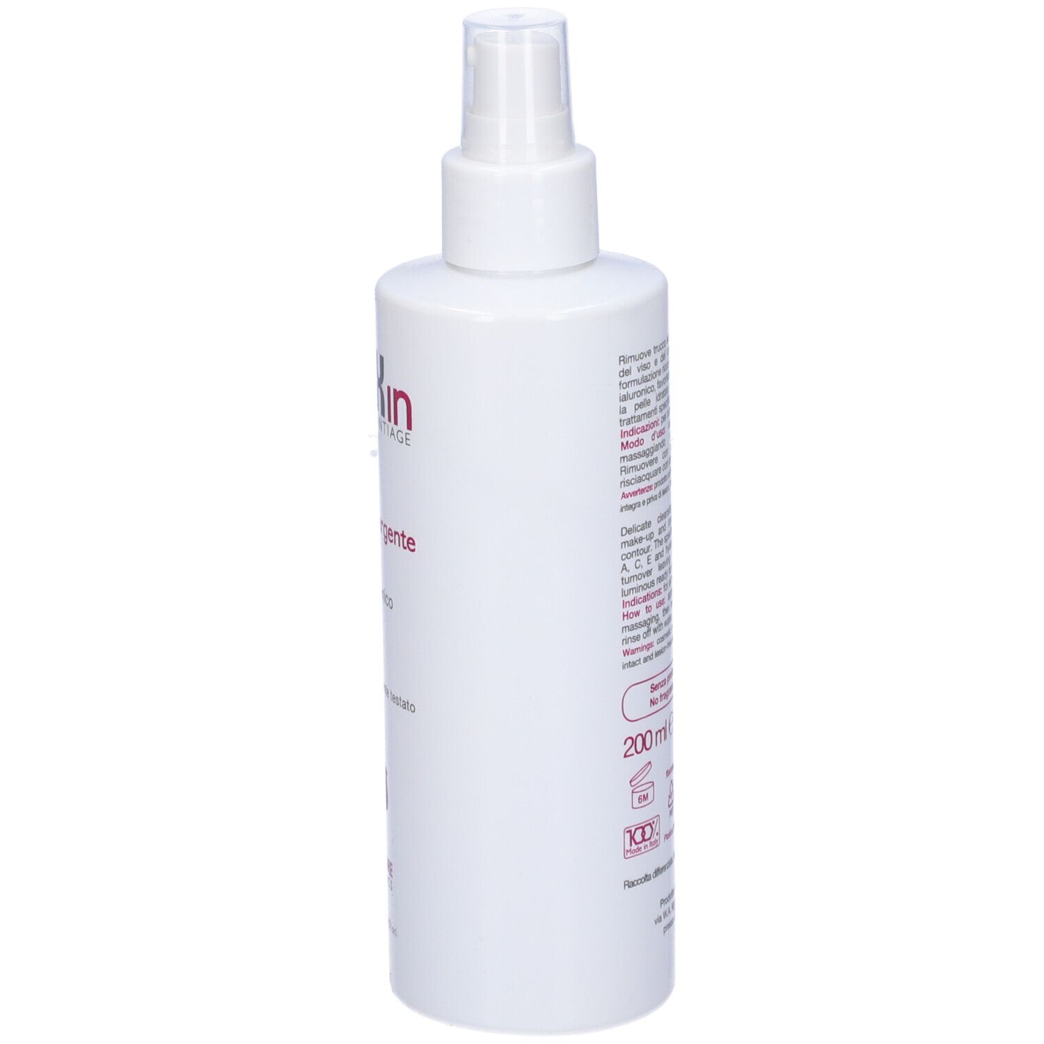 Flacone bianco, vista laterale. Scritta: Idroxin Antiage, Latte detergente, con vitamine e acido ialuronico. Testo.