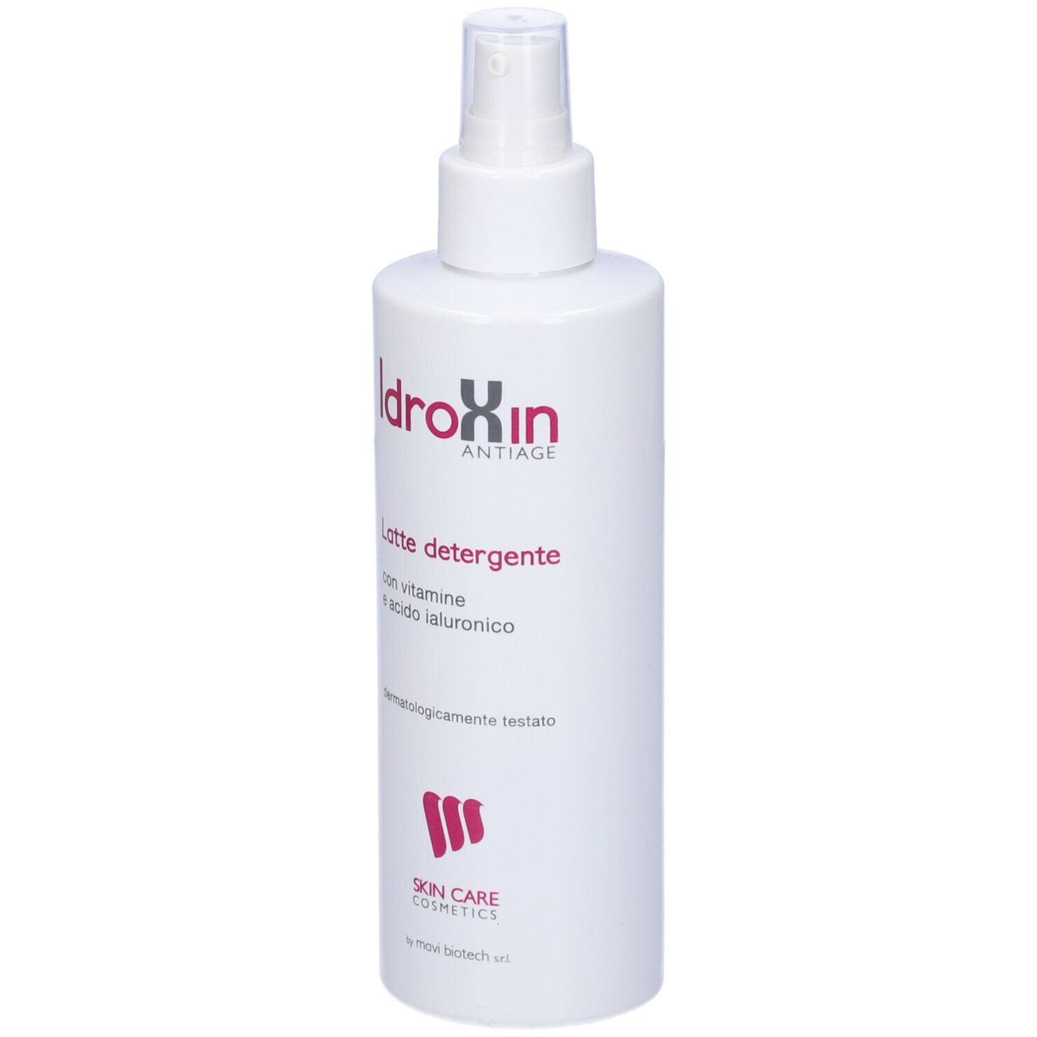 Flacone bianco con vaporizzatore. Scritta: Idroxin Antiage, Latte detergente, con vitamine e acido ialuronico. Skin Care Cosmetics.