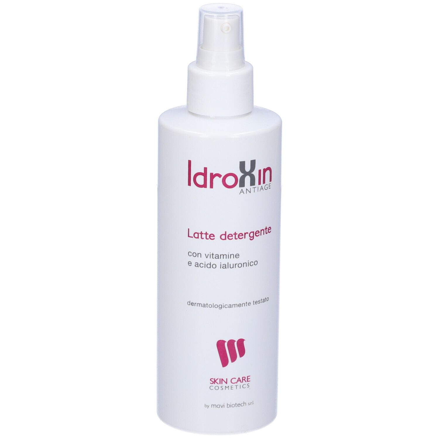Flacone bianco con vaporizzatore. Scritta: Idroxin Antiage, Latte detergente, con vitamine e acido ialuronico. Skin Care Cosmetics.