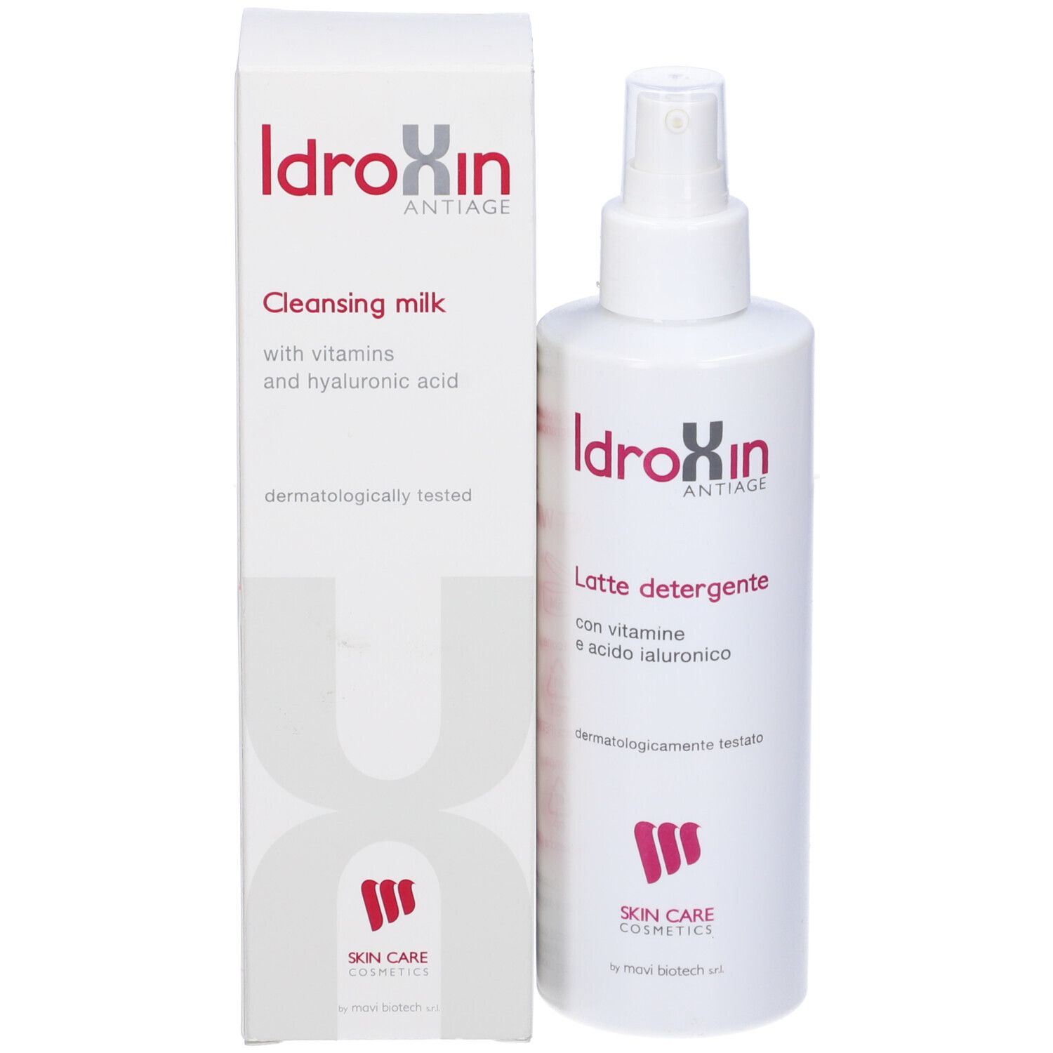 Flacone e scatola bianchi. Scritta: Idroxin Antiage, Cleansing milk, con vitamine e acido ialuronico. Skin Care Cosmetics.