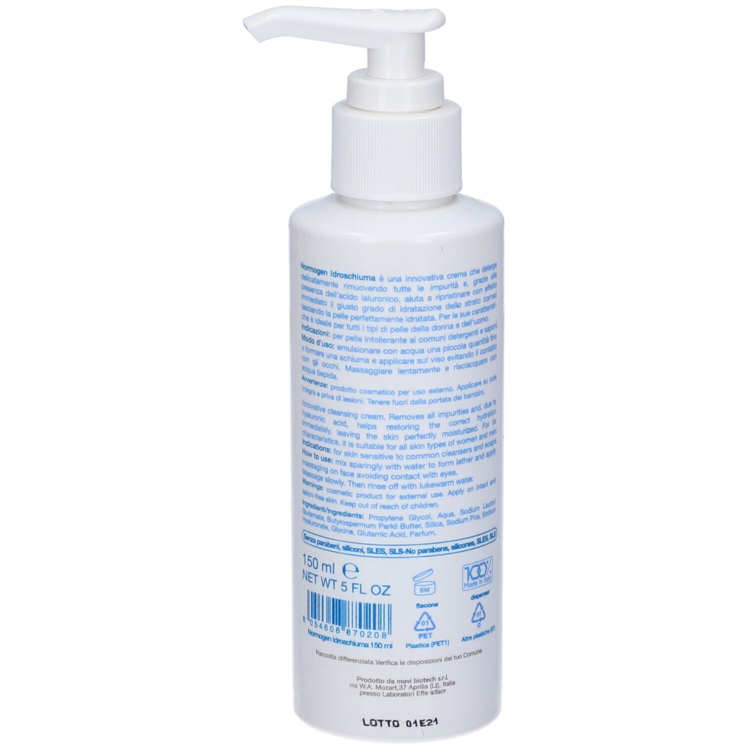 Retro di un flacone bianco con dosatore a pompa. Testo in italiano e inglese. Simboli di riciclo.