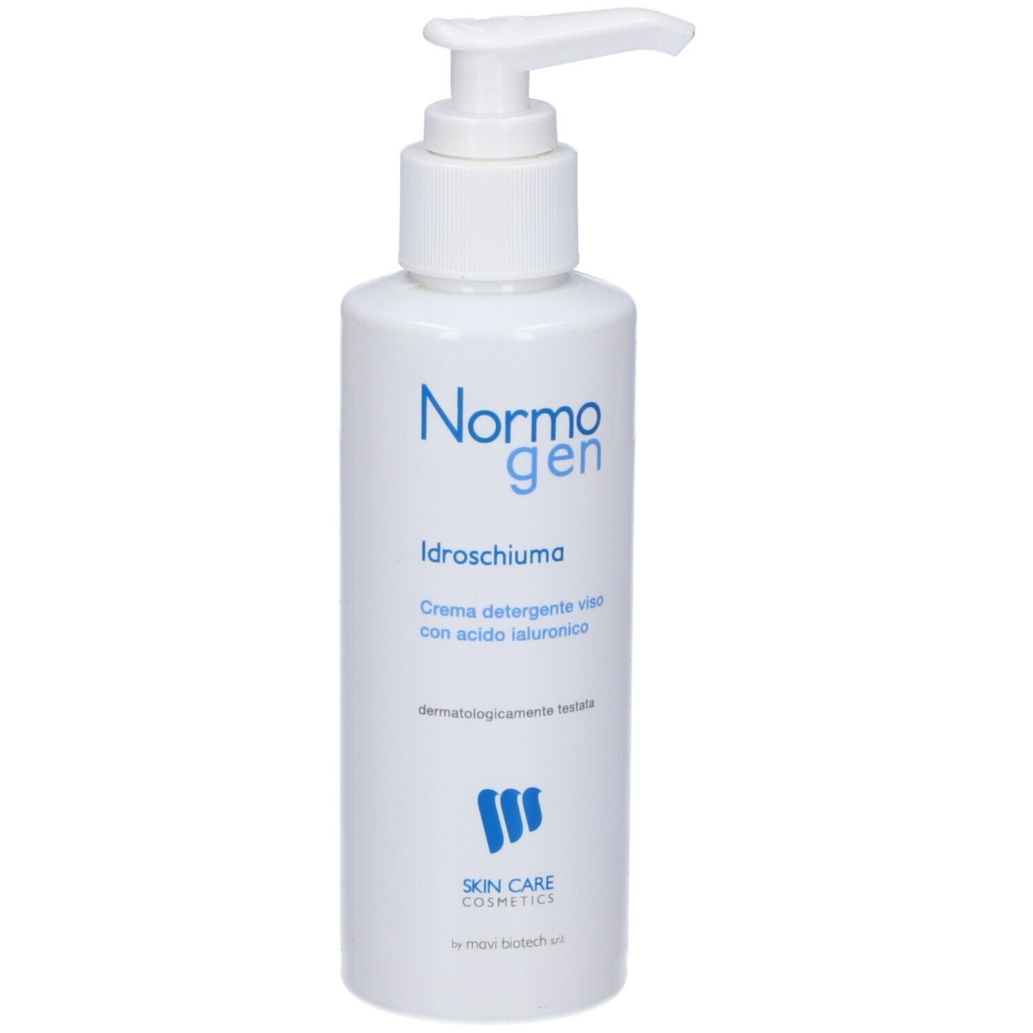 Retro di un flacone bianco con dosatore a pompa. Testo in italiano e inglese. Simboli di riciclo.