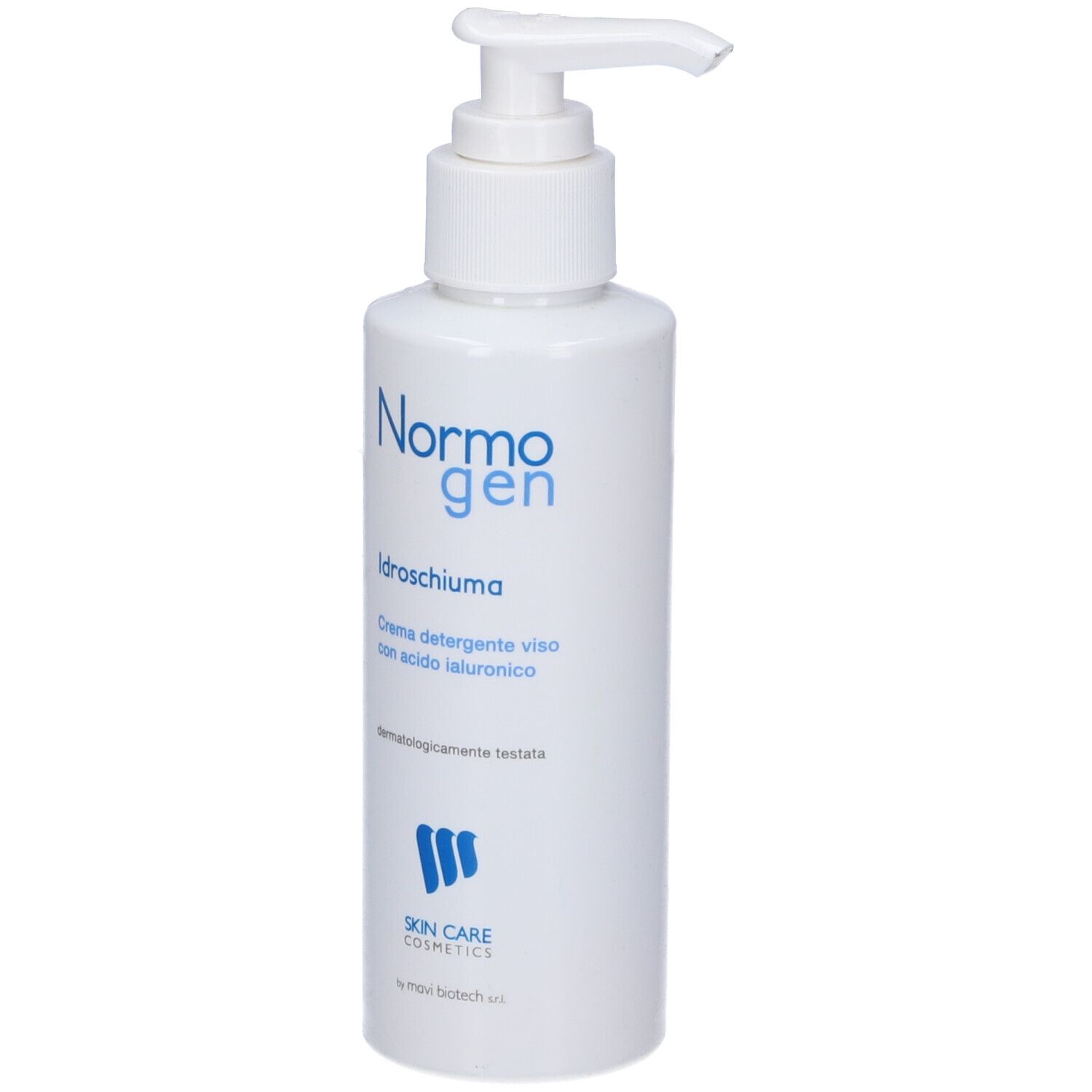Flacone bianco con dosatore a pompa. Scritta: Normogen, Idroschiuma, Creme detergente viso con acido ialuronico. Skin Care Cosmetics.