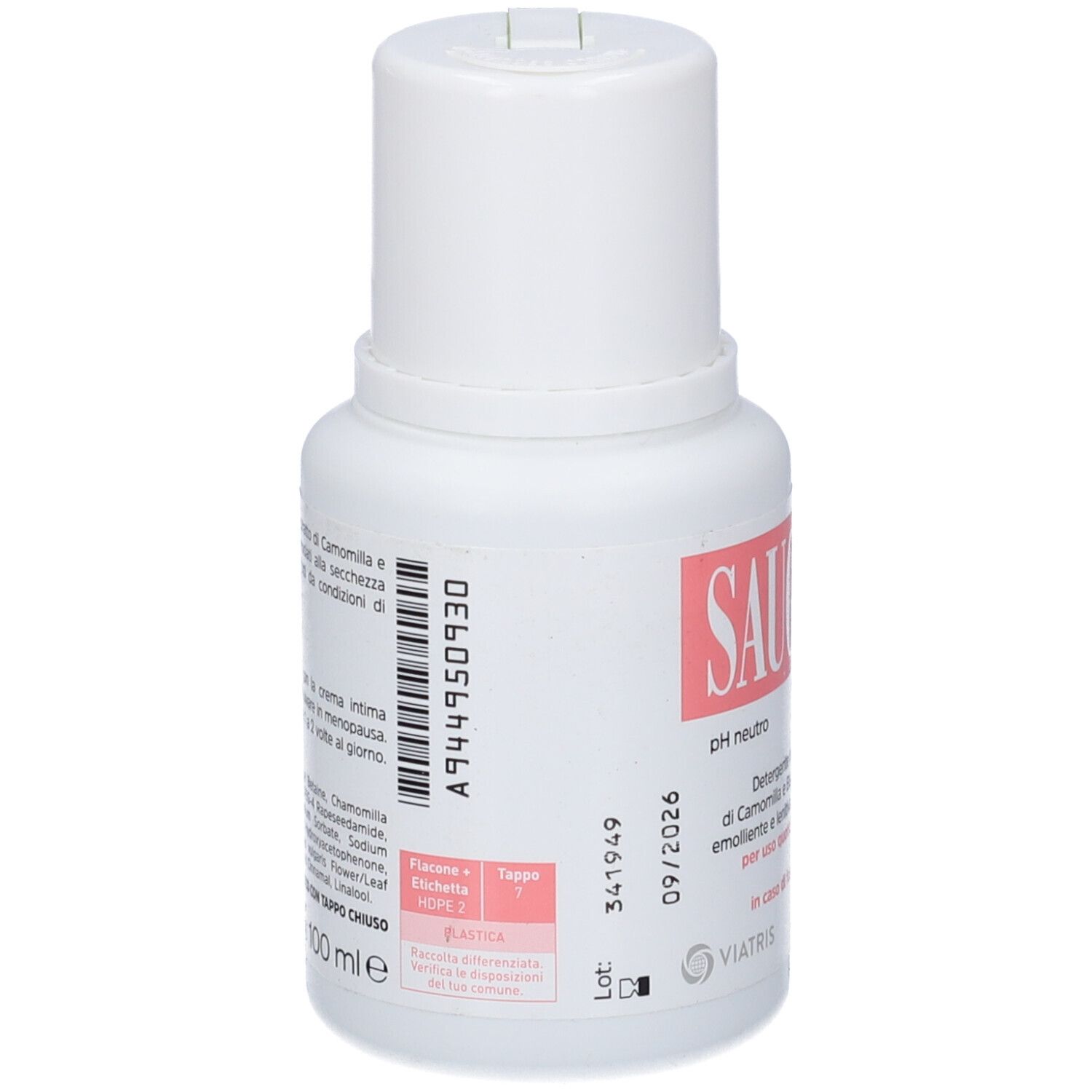 Flacone bianco con etichetta rosa. Scritta: Saugella poligyn, pH neutro. Testo in italiano. Testo sul retro.