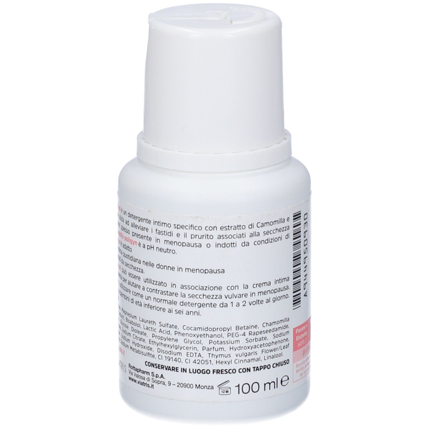 Flacone bianco con etichetta rosa. Testo in italiano. Ingredienti e testo sul retro.