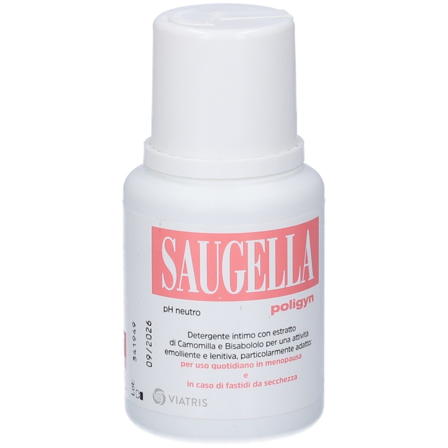 Flacone bianco con etichetta rosa. Scritta: Saugella poligyn, pH neutro. Testo in italiano.