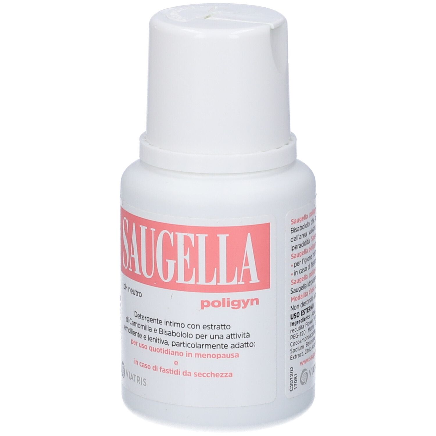 Flacone bianco con etichetta rosa. Scritta: Saugella poligyn, pH neutro. Testo in italiano.