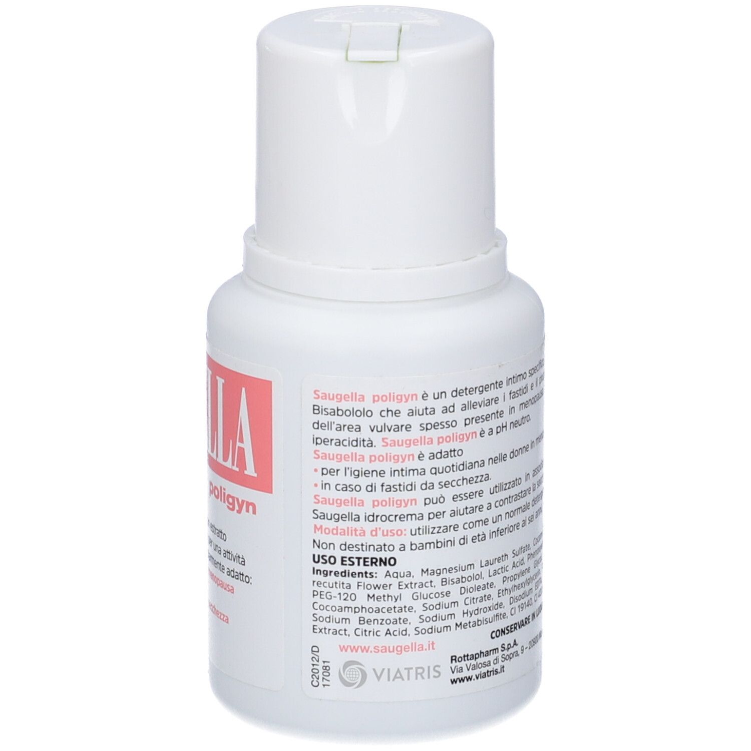 Flacone bianco con etichetta rosa. Scritta: Saugella poligyn. Testo in italiano. Testo sul retro.
