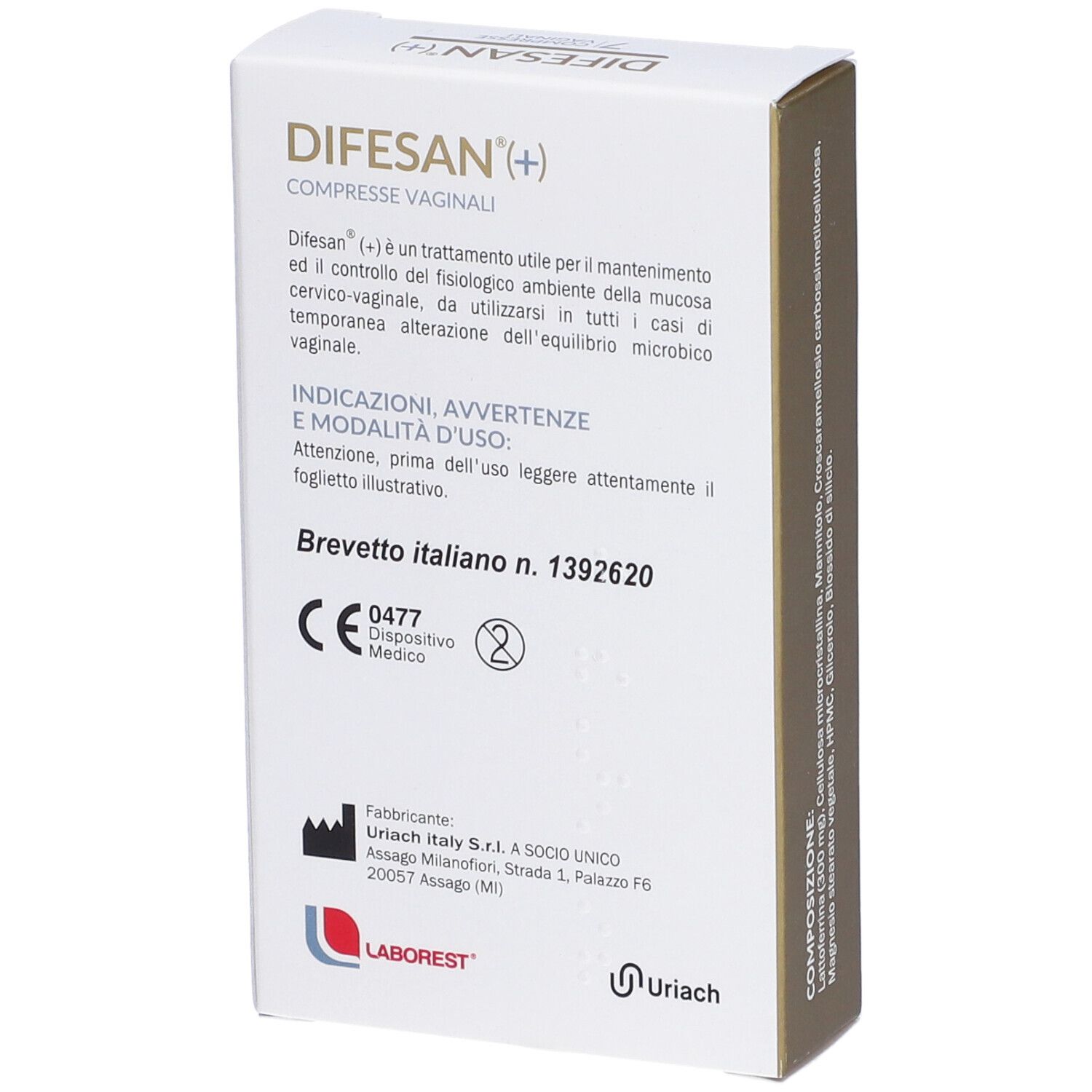 Scatola 'DIFESAN(+) Compresse Vaginali' con 7 compresse. Retro con testo e marchio CE.