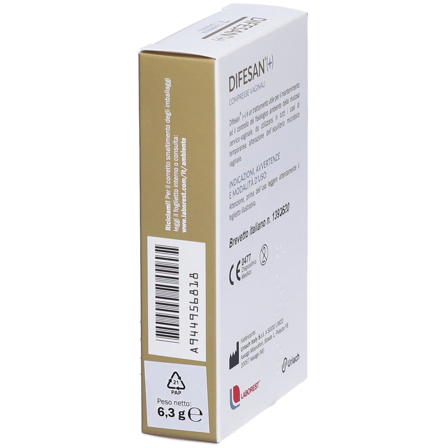 Scatola 'DIFESAN(+) Compresse Vaginali' con 7 compresse. Retro con codice a barre e testo.