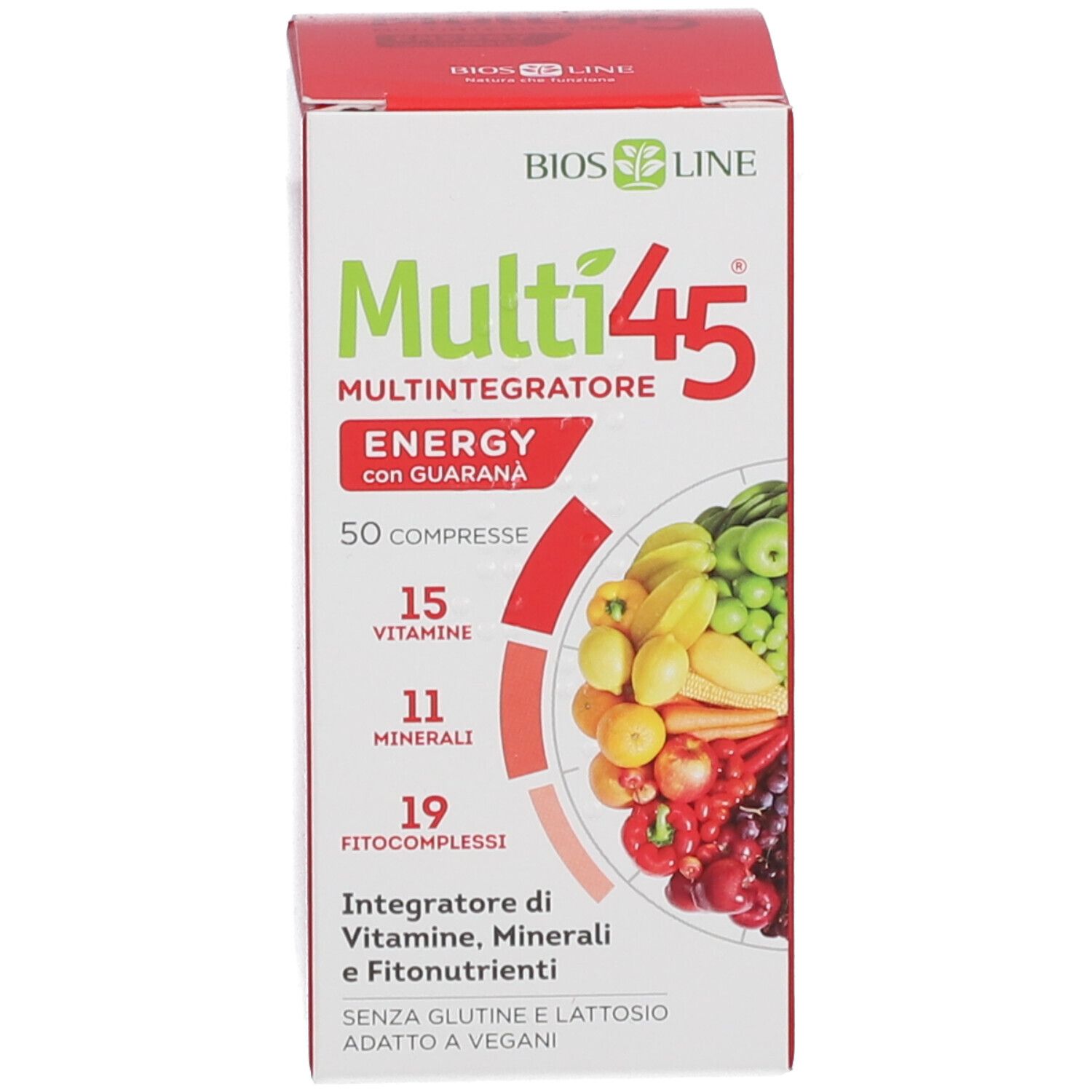 Scatola rossa e bianca con nome del prodotto, ingredienti e 50 compresse. 15 vitamine, 11 minerali, 19 fitocomplessi.