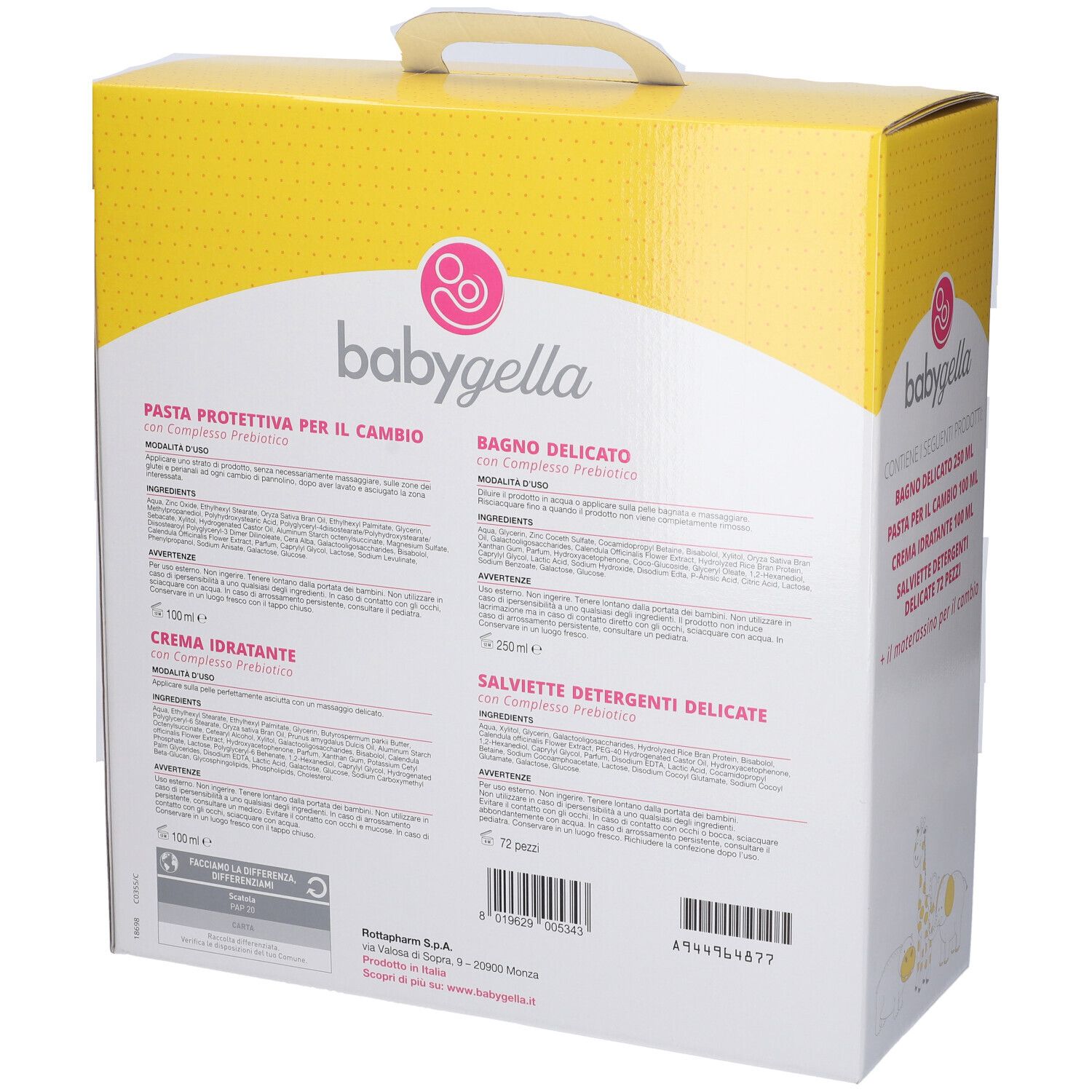 Babygella La Mia Prima Tasche-Reisetasche. Retro della confezione con informazioni sul prodotto e ingredienti.