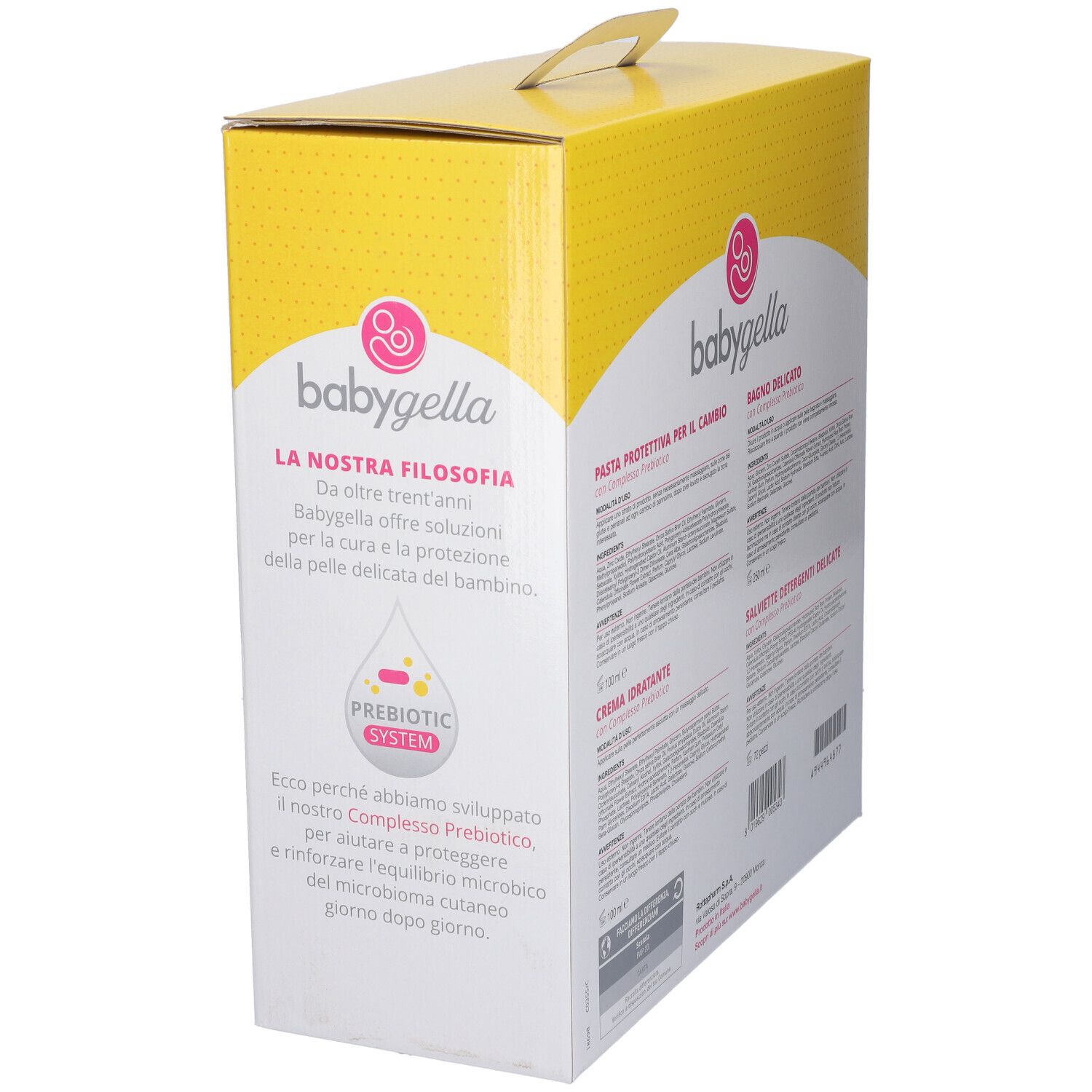 Babygella La Mia Prima Tasche-Reisetasche. Confezione con testo sulla filosofia del marchio e il sistema prebiotico.