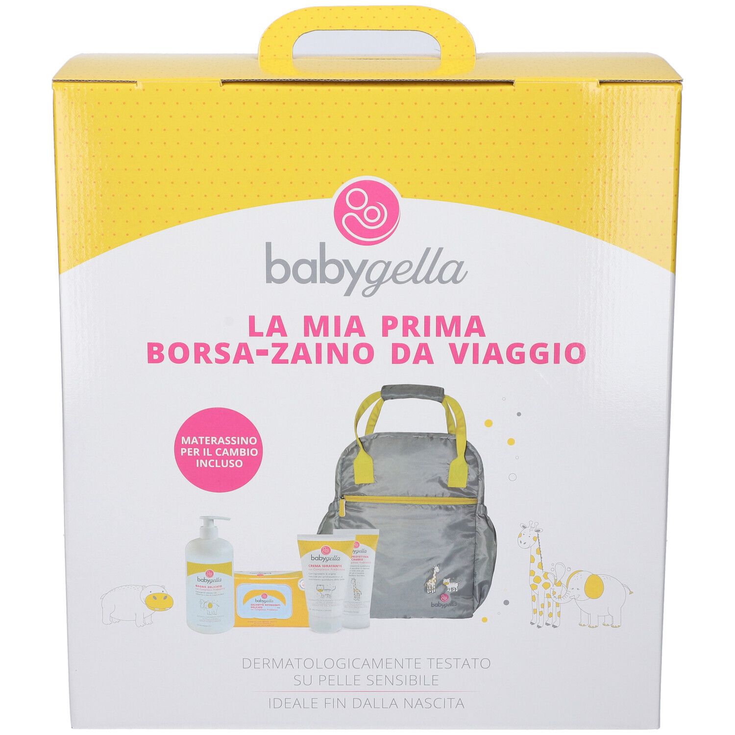 Babygella La Mia Prima Tasche-Reisetasche. Confezione giallo-bianca con immagine del prodotto. Contiene borsa, flacone, salviette e creme.