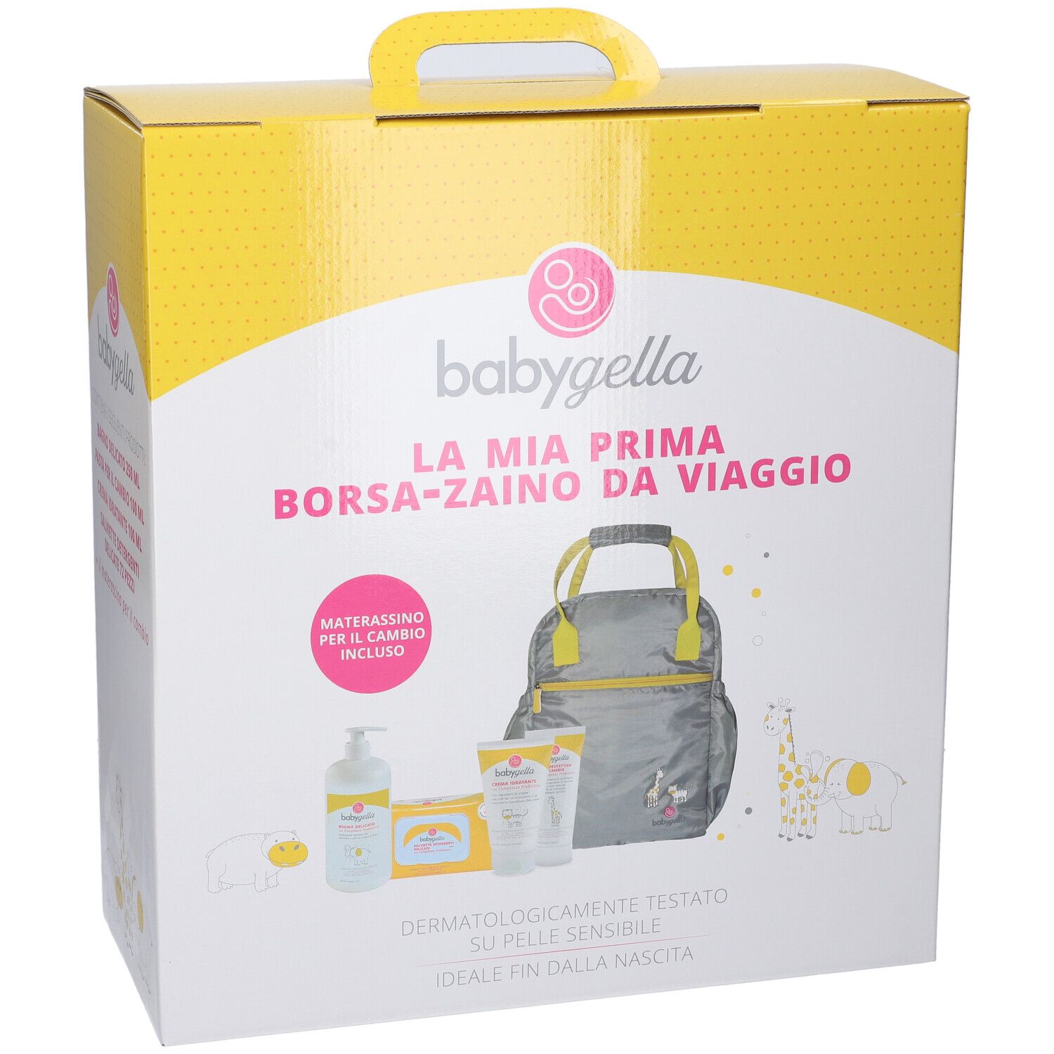 Babygella La Mia Prima Tasche-Reisetasche. Confezione giallo-bianca con immagine del prodotto. Contiene borsa, flacone, salviette e creme.