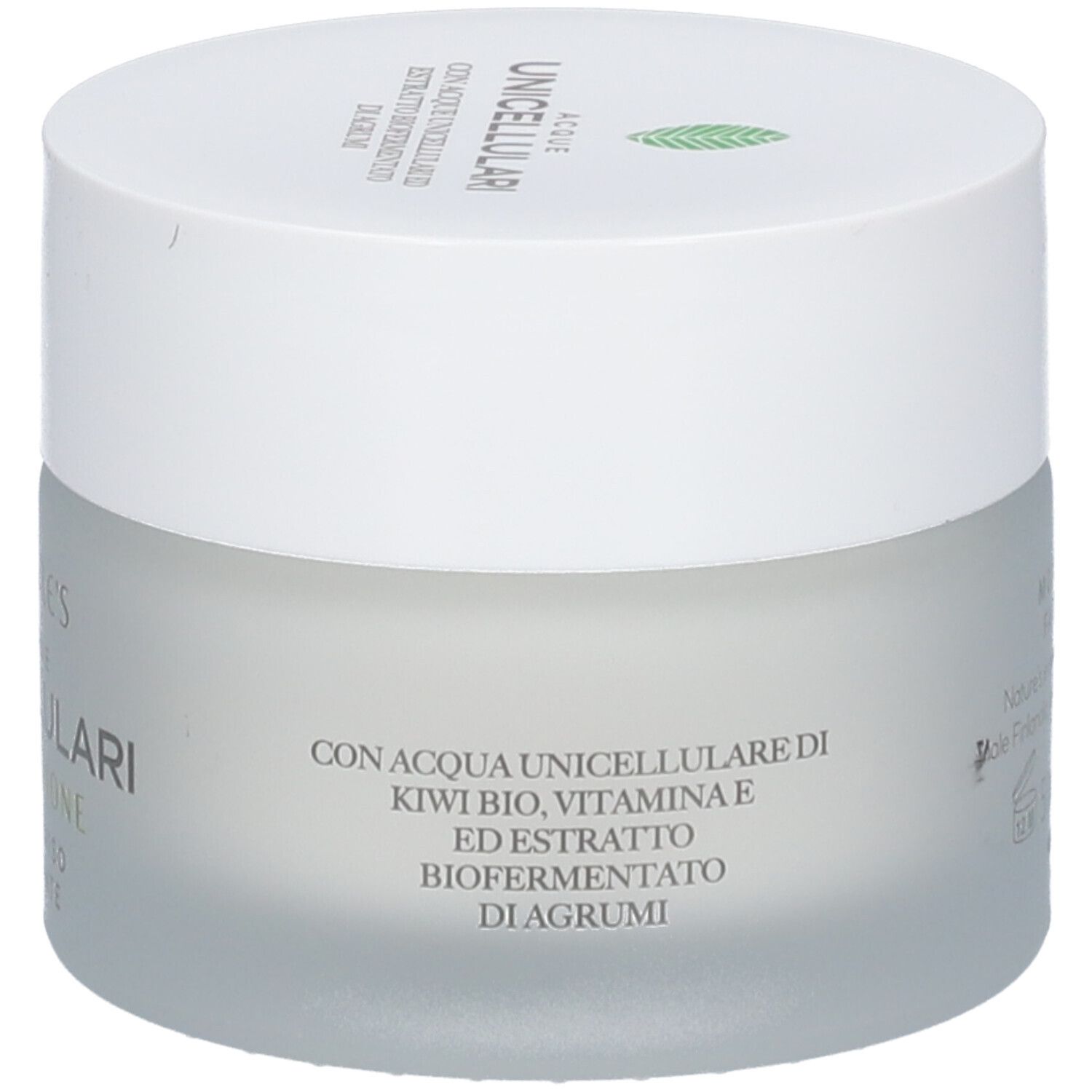 Vasetto di crema con coperchio bianco. Scritta con ingredienti: Kiwi bio, vitamina E ed estratto di agrumi.