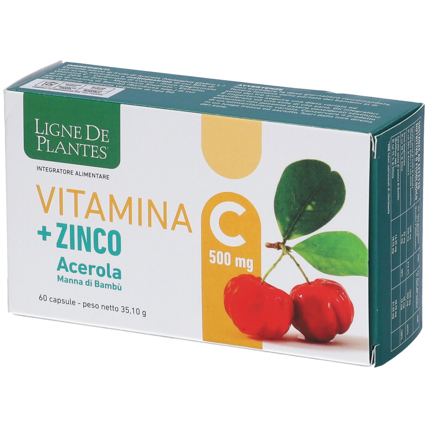 Ligne De Plantes Vitamina C 500 Mg + Zinco Acerola E Manna Di Bambu' 60 Capsule