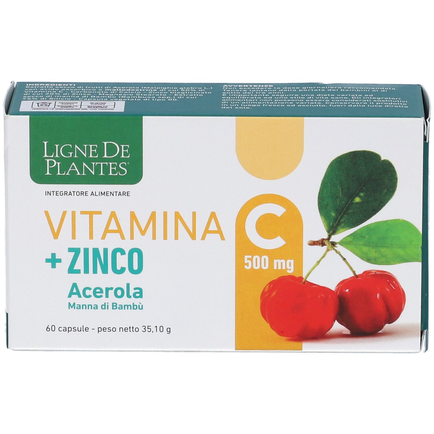 Ligne De Plantes Vitamina C 500 Mg + Zinco Acerola E Manna Di Bambu' 60 Capsule