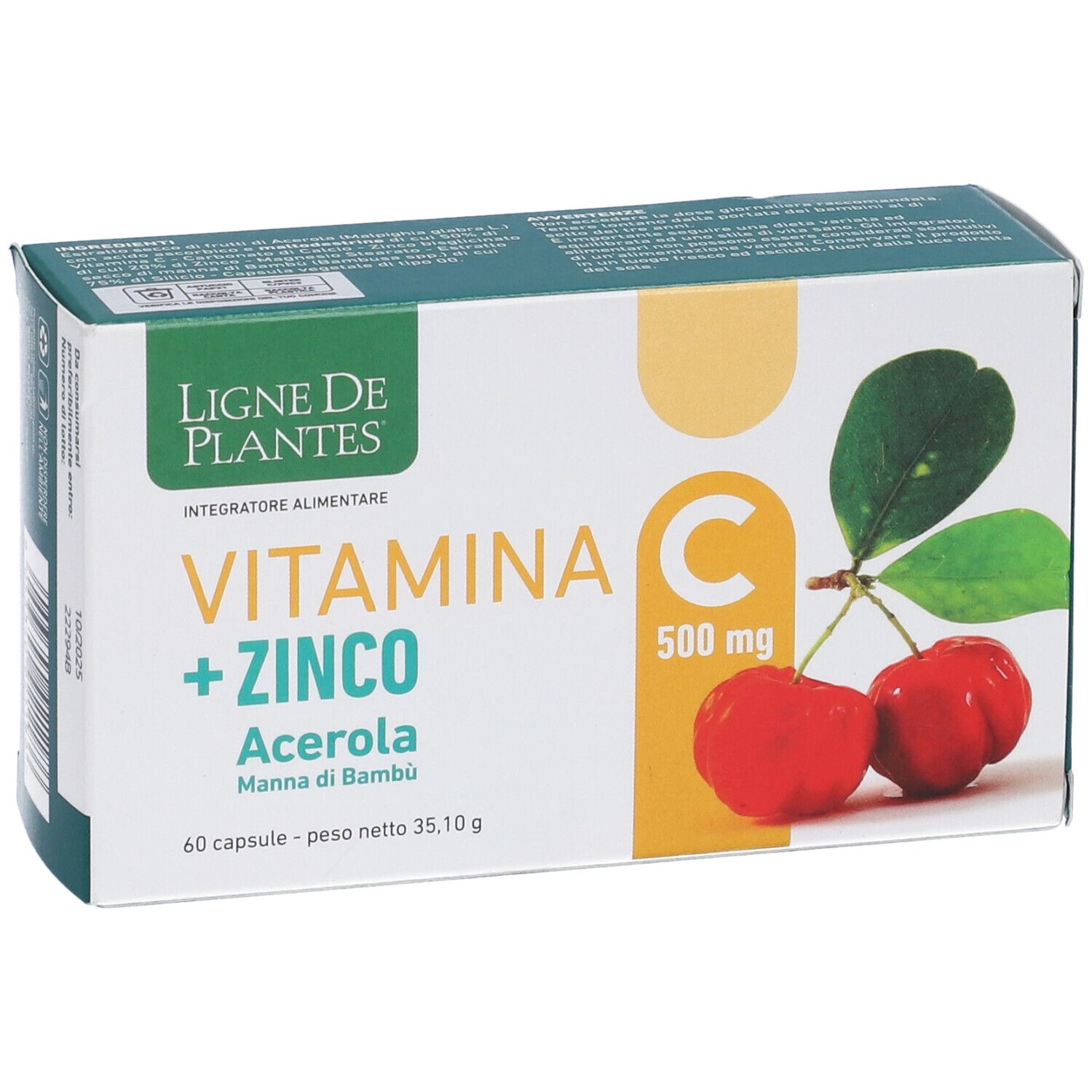 Ligne De Plantes Vitamina C 500 Mg + Zinco Acerola E Manna Di Bambu' 60 Capsule