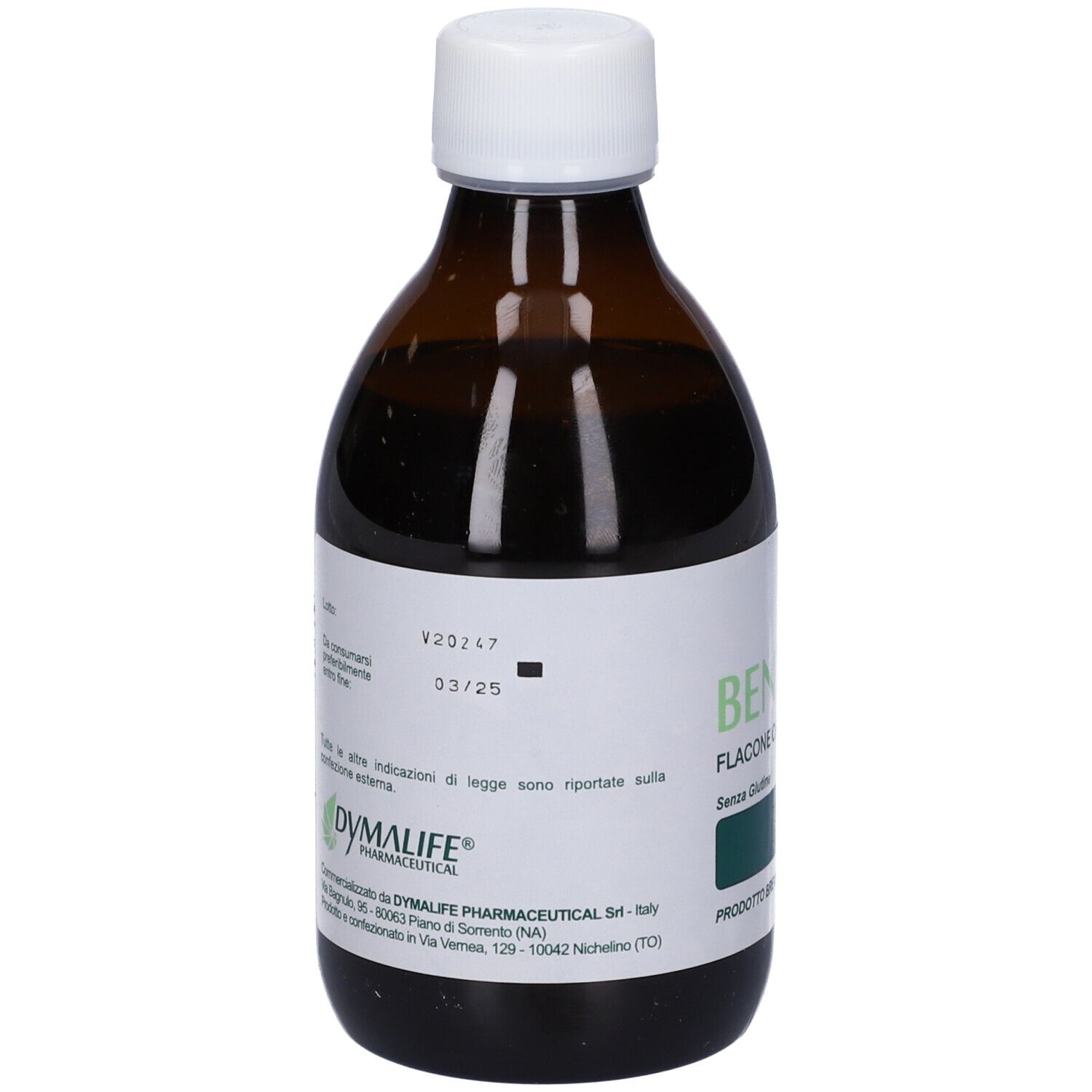 Flacone marrone con tappo bianco. Etichetta con informazioni sul prodotto e dettagli verdi. Liquido visibile.