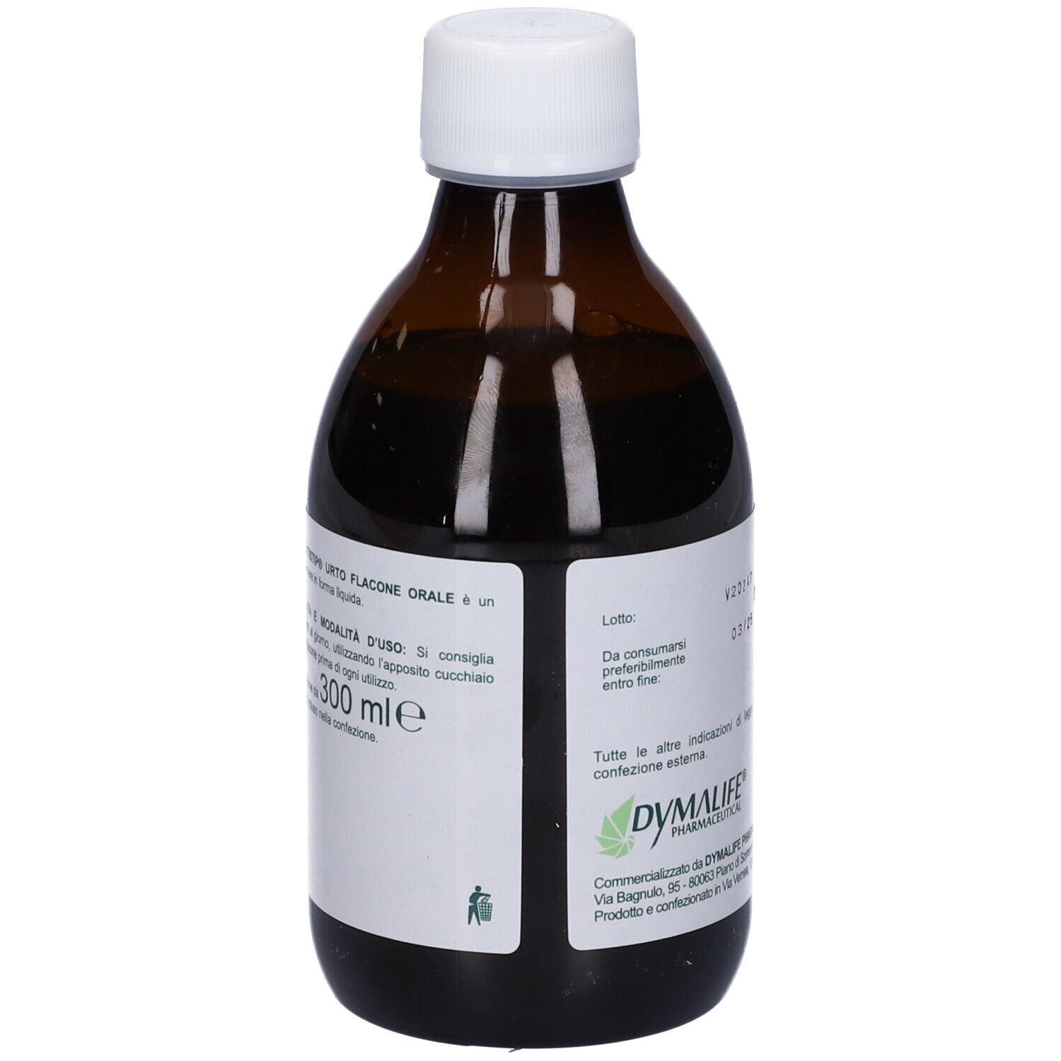 Flacone marrone con tappo bianco. Etichetta con informazioni sul prodotto e dettagli verdi. Liquido visibile.