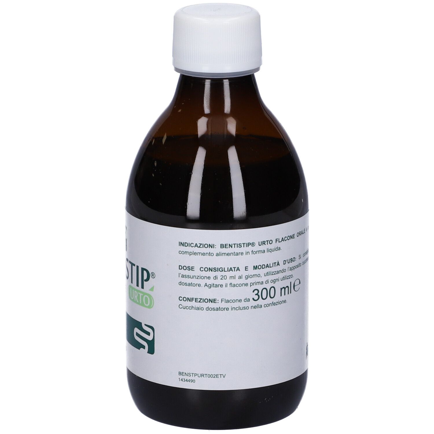 Flacone marrone con tappo bianco. Etichetta con informazioni sul prodotto e dettagli verdi. Liquido visibile.