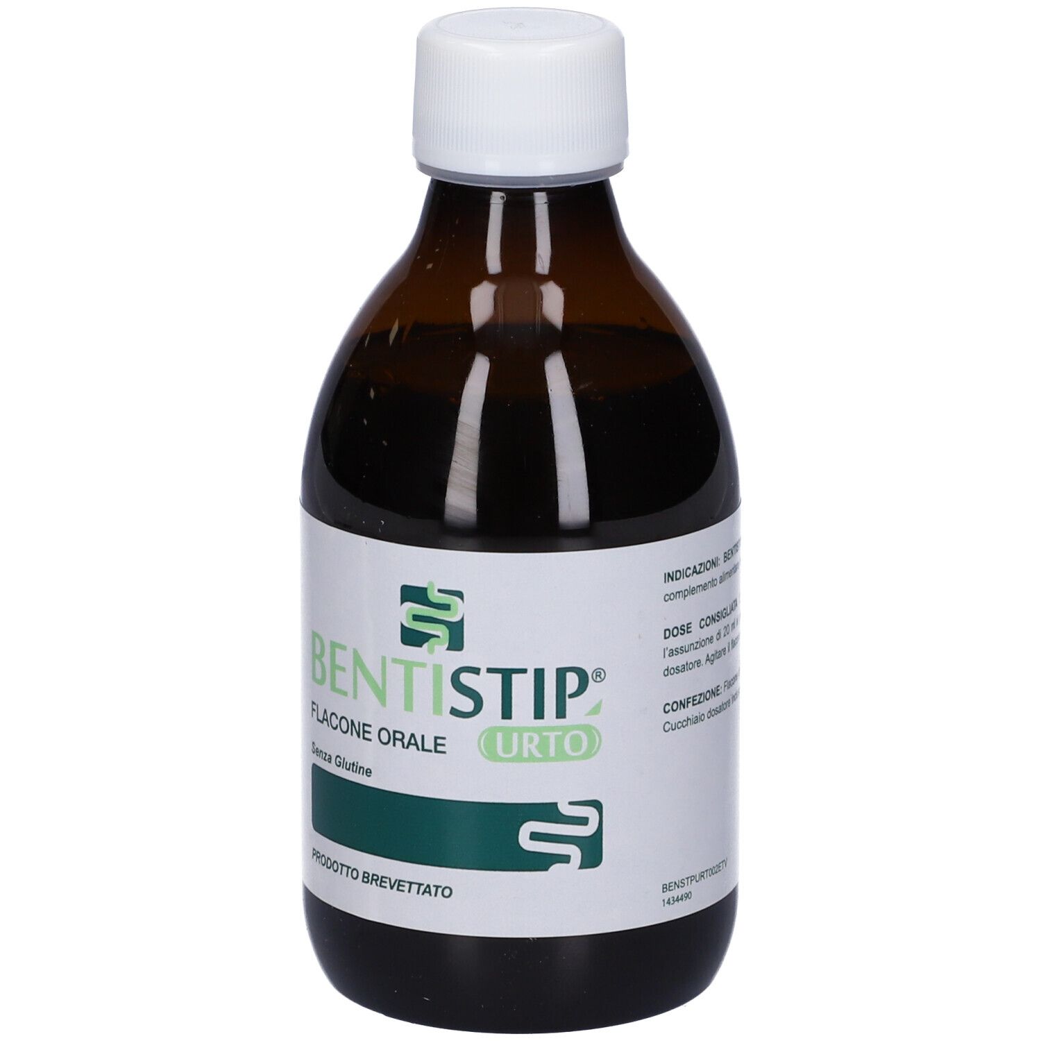 Flacone marrone con tappo bianco. Etichetta con informazioni sul prodotto e dettagli verdi. Liquido visibile.