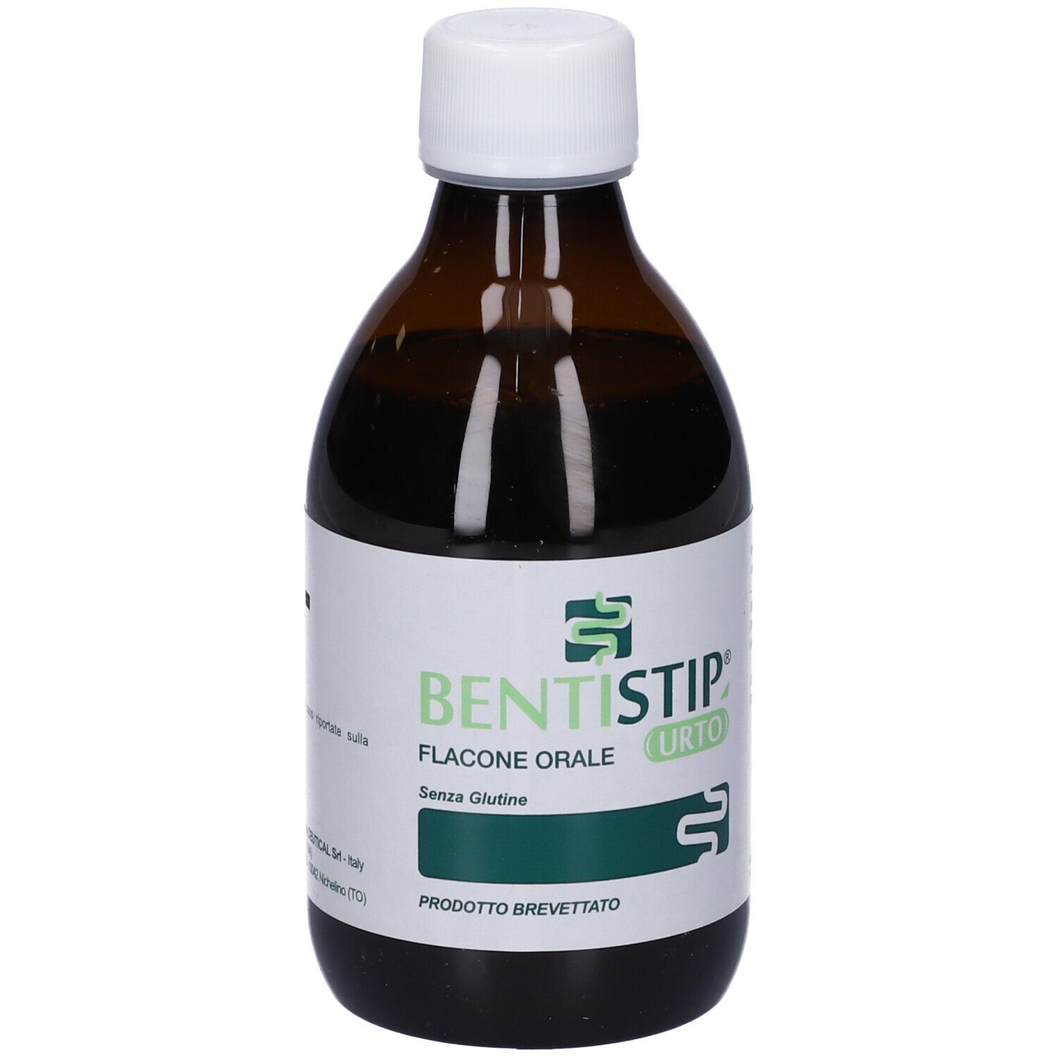 Flacone marrone con tappo bianco. Etichetta con informazioni sul prodotto e dettagli verdi. Liquido visibile.