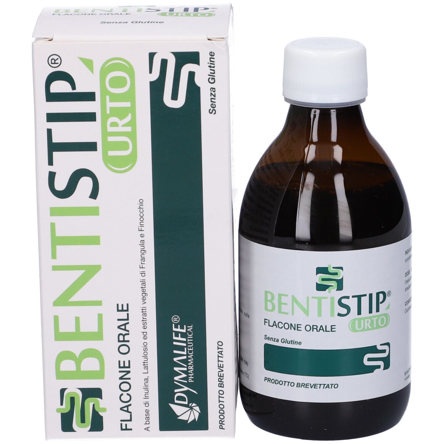 Flacone e confezione del prodotto. Flacone marrone con tappo bianco. Confezione bianca con dettagli verdi e nome del prodotto.