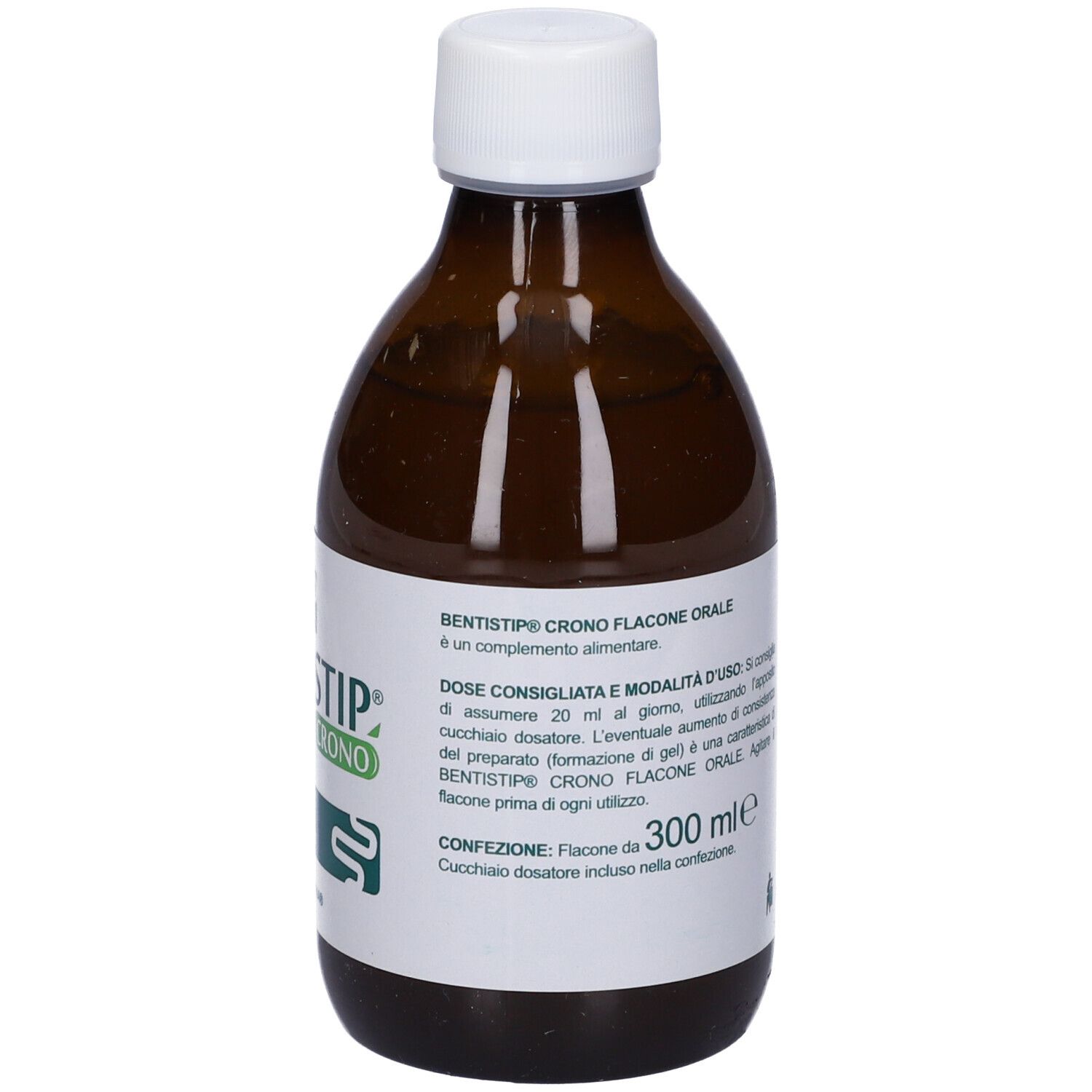 Flacone marrone con tappo bianco. Scritta BENTISTIP CRONO. Flacone orale. Etichetta con testo.