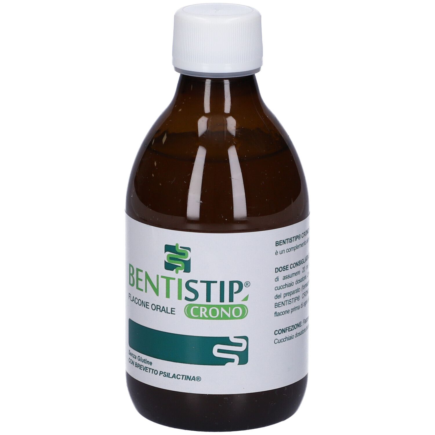 Flacone marrone con tappo bianco. Scritta BENTISTIP CRONO. Flacone orale. Etichetta con testo.