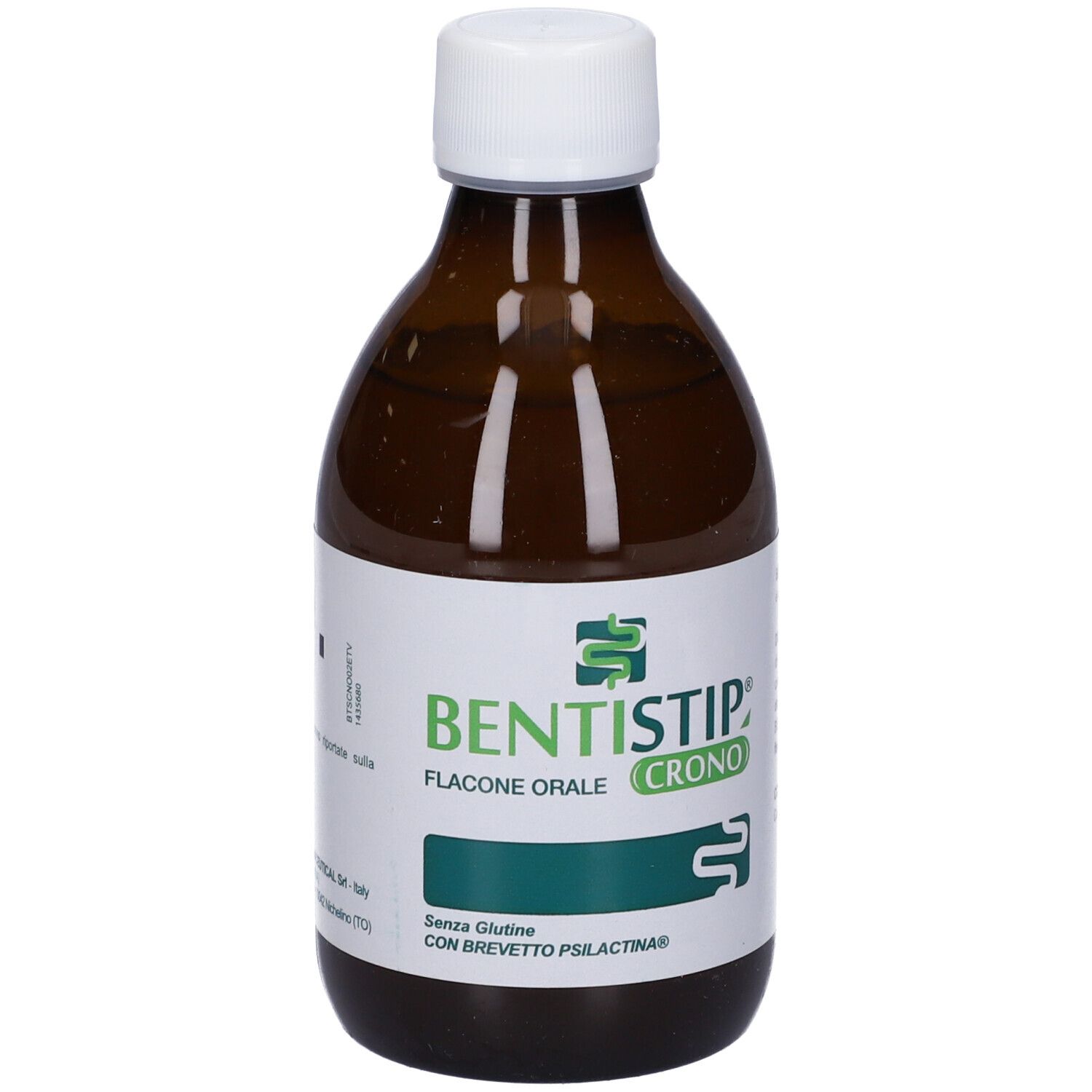 Flacone marrone con tappo bianco. Scritta BENTISTIP CRONO. Flacone orale. Etichetta con testo.