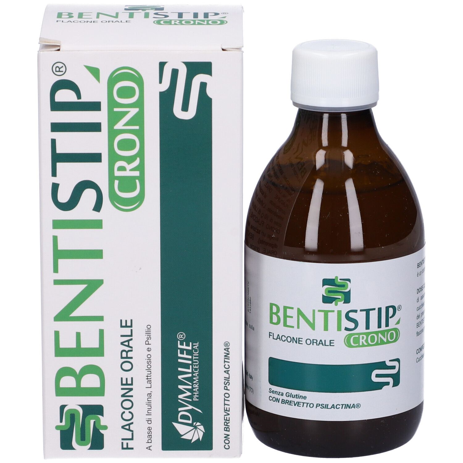 Flacone marrone e scatola. Scritta BENTISTIP CRONO. Flacone orale. Scatola con testo.