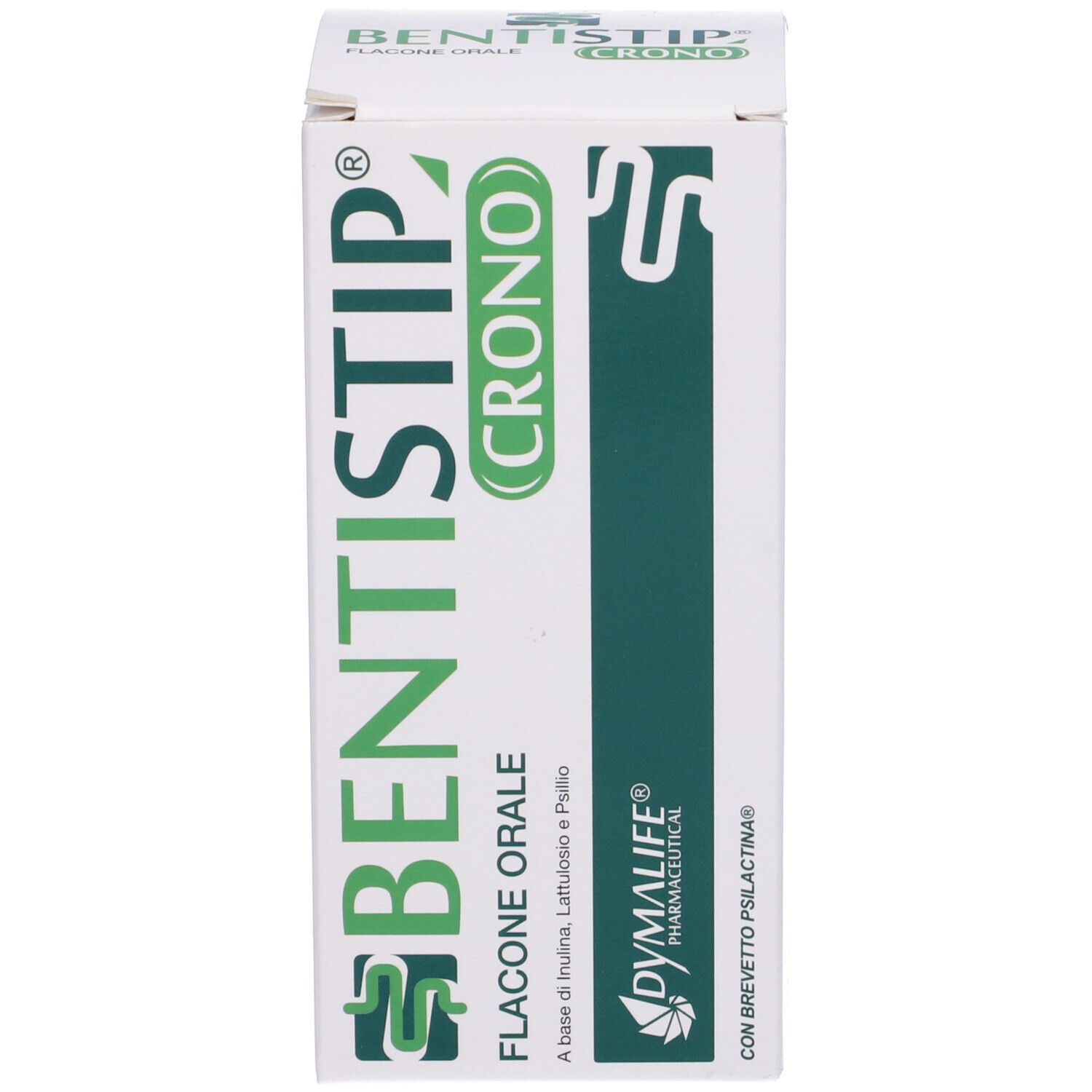 Scatola bianca con accenti verdi. Scritta BENTISTIP CRONO. Flacone orale. Testo sulla confezione.