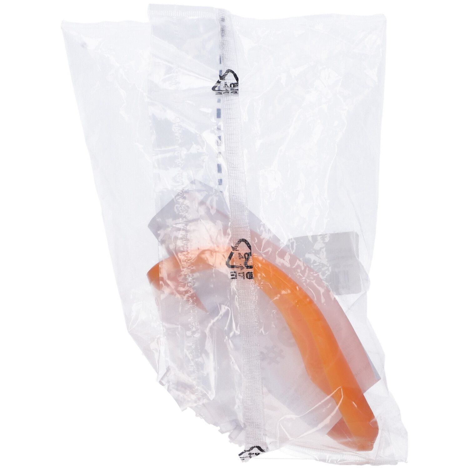 Maschera di rianimazione monouso arancione in confezione trasparente. Simbolo di riciclaggio sulla confezione.