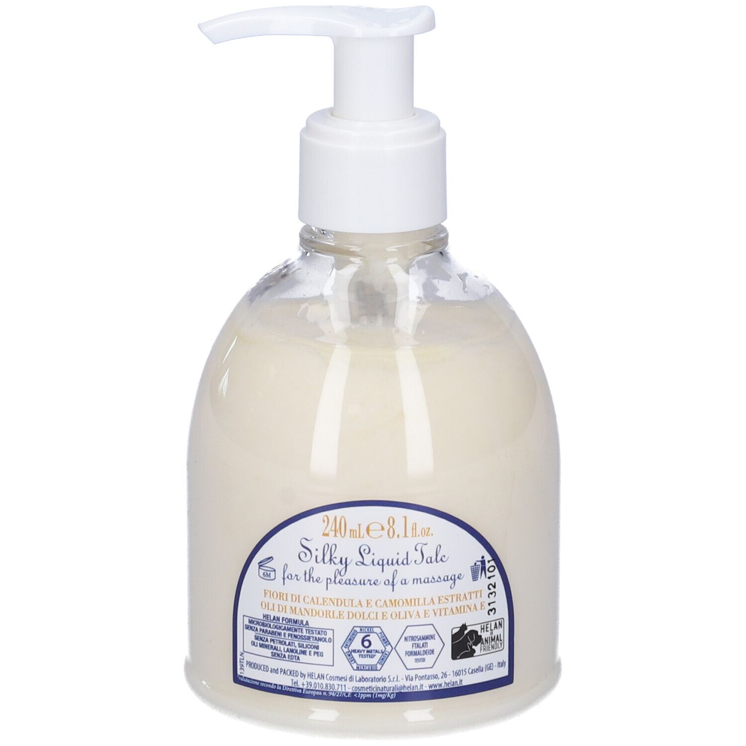 Flacone trasparente con dosatore bianco. Etichetta con nome e ingredienti.
