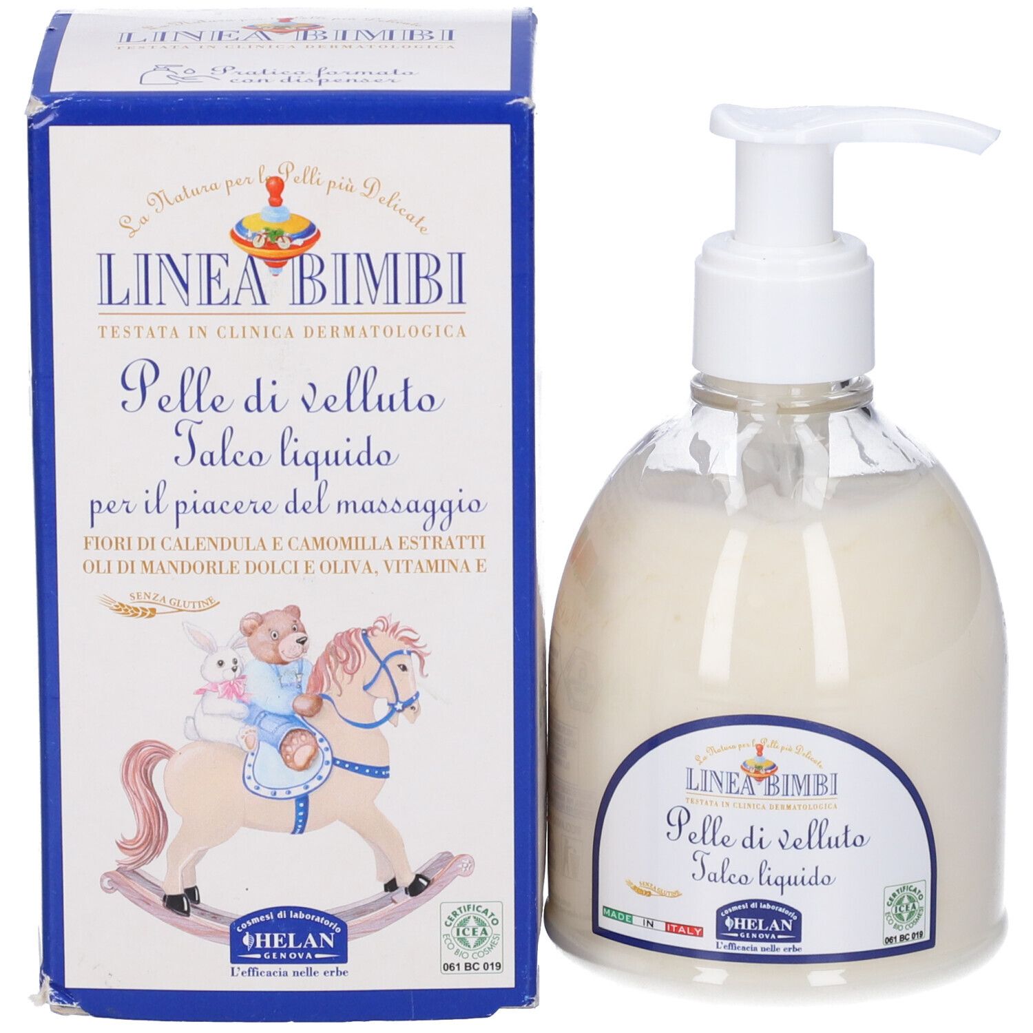 Flacone con dosatore e confezione. Confezione con nome prodotto e illustrazione.
