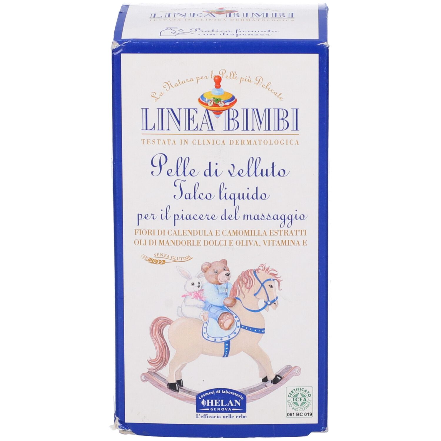 Confezione blu con nome prodotto e illustrazione cavallo a dondolo.