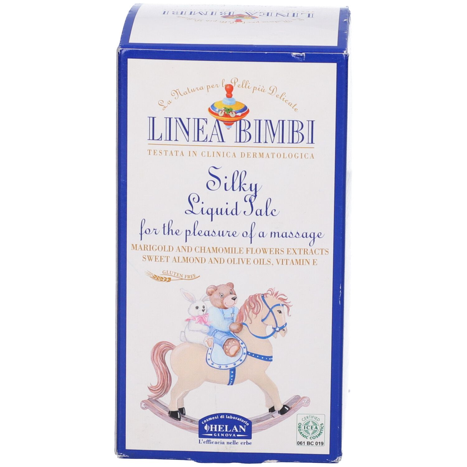 Confezione con nome prodotto e illustrazione cavallo a dondolo.