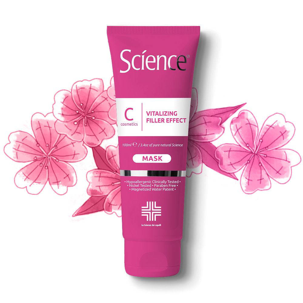 Tubo rosa con scritta bianca "Science". Testo: "Vitalizing Filler Effect". Sotto: "MASK". Decorazione floreale.