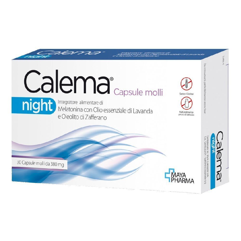 Scatola di capsule Calema Night. Confezione blu e bianca con nome del prodotto e informazioni. Logo Maya Pharma.